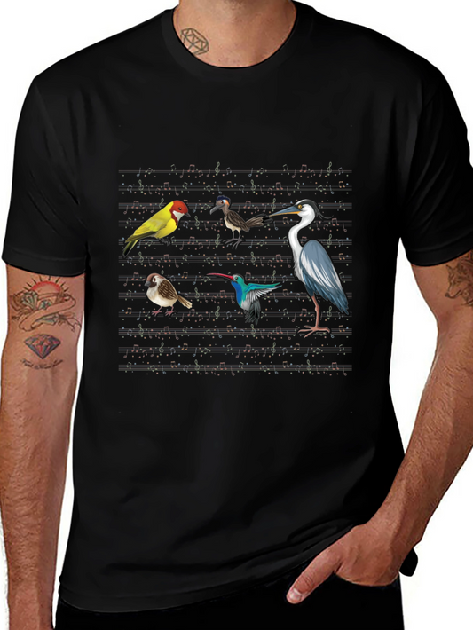 Birds & Music Notes Black Graphic T-Shirt