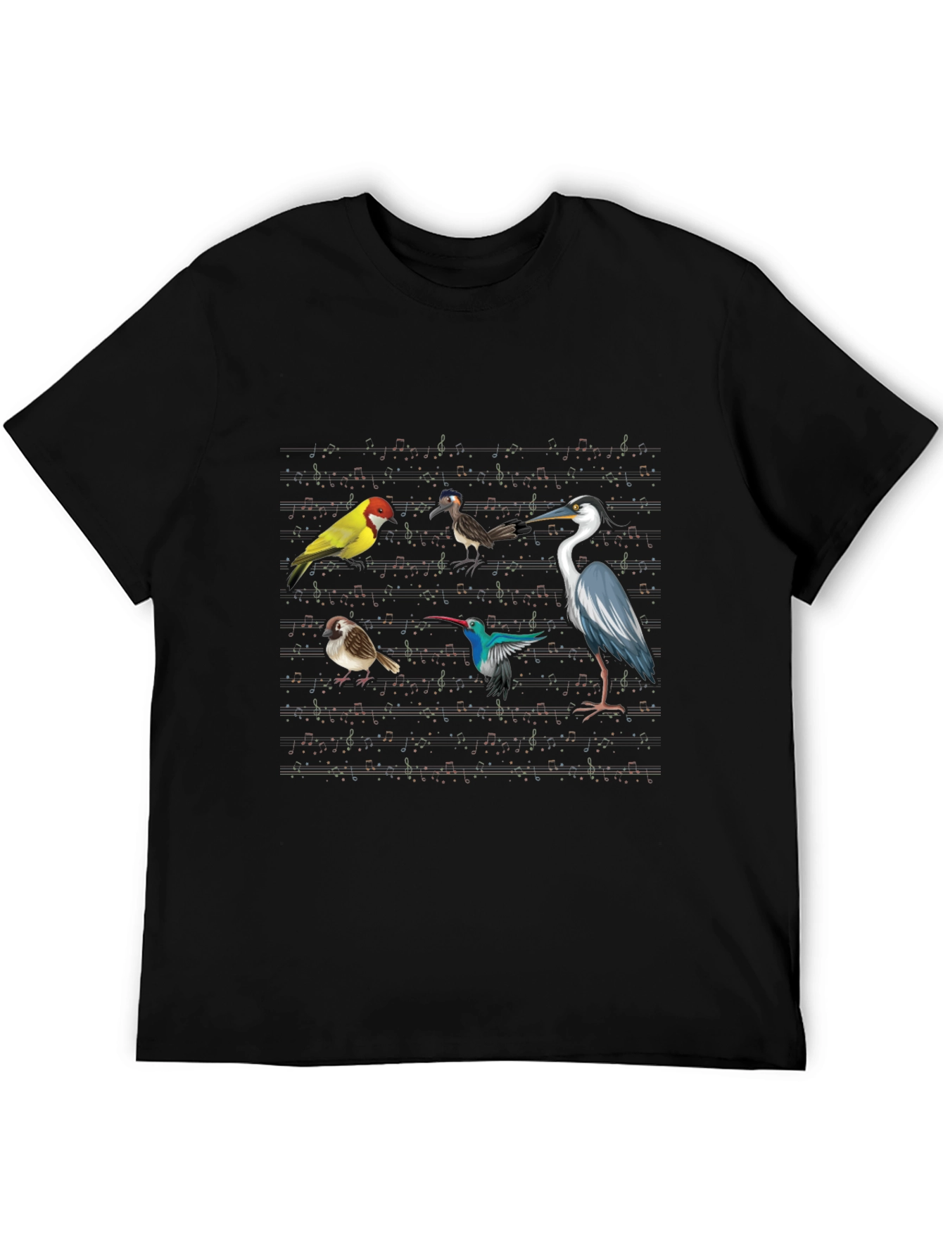 Birds & Music Notes Black Graphic T-Shirt