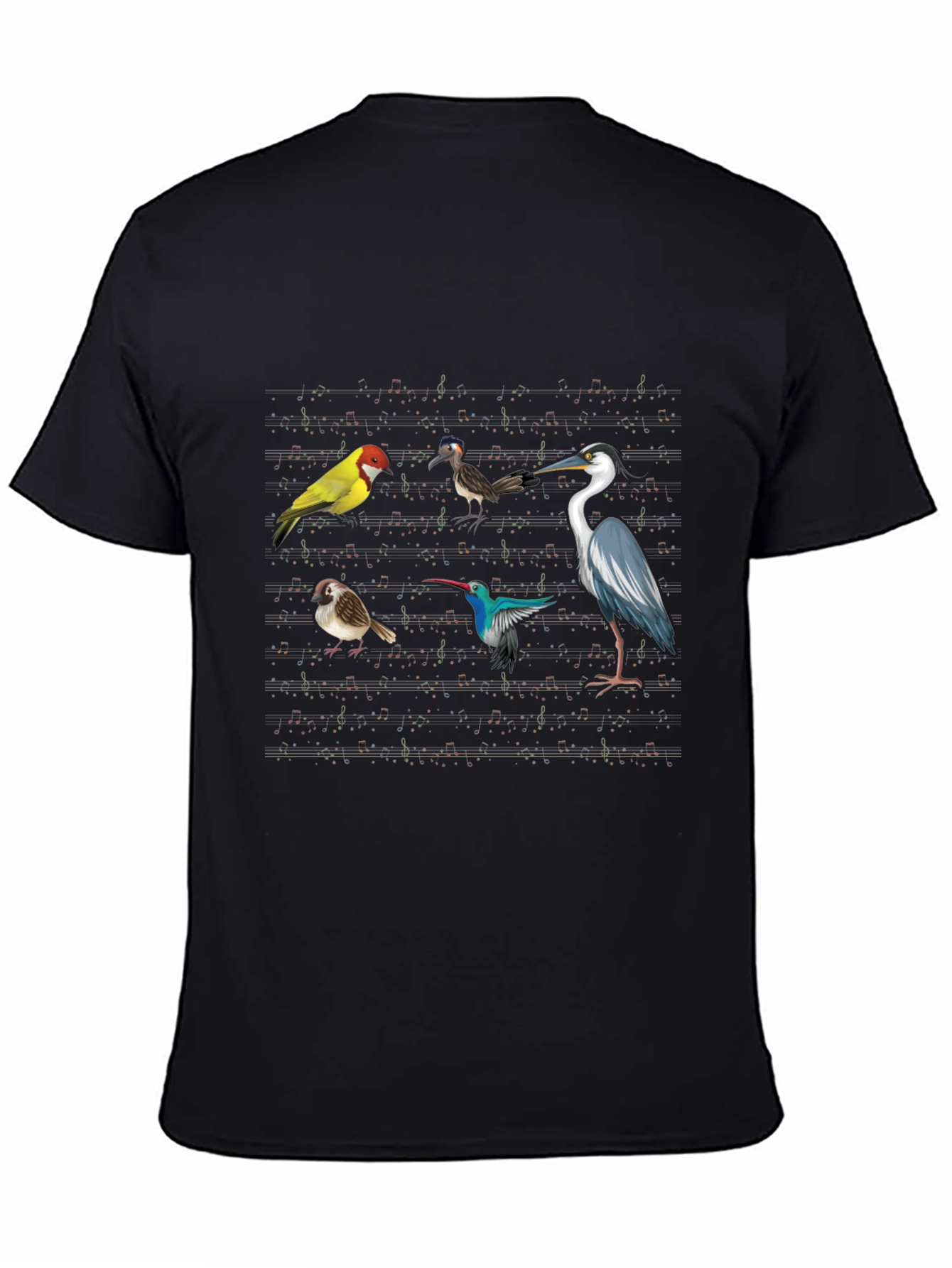 Birds & Music Notes Black Graphic T-Shirt