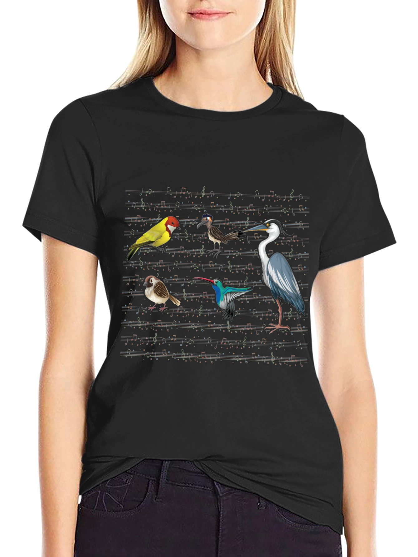 Birds & Music Notes Black Graphic T-Shirt