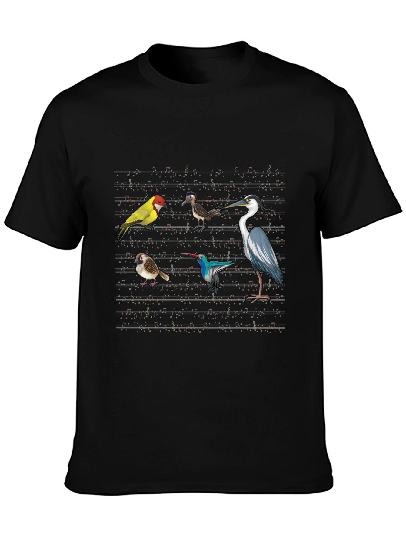 Birds & Music Notes Black Graphic T-Shirt