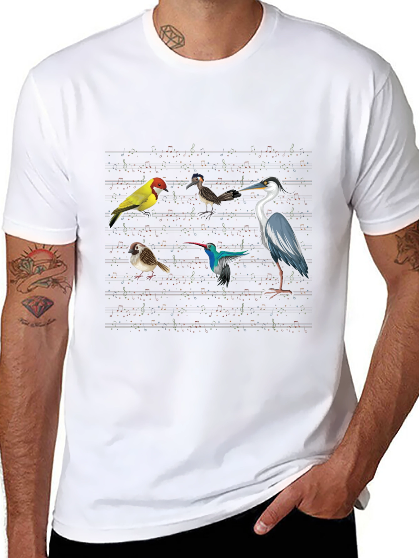 Birds & Music Notes Black Graphic T-Shirt