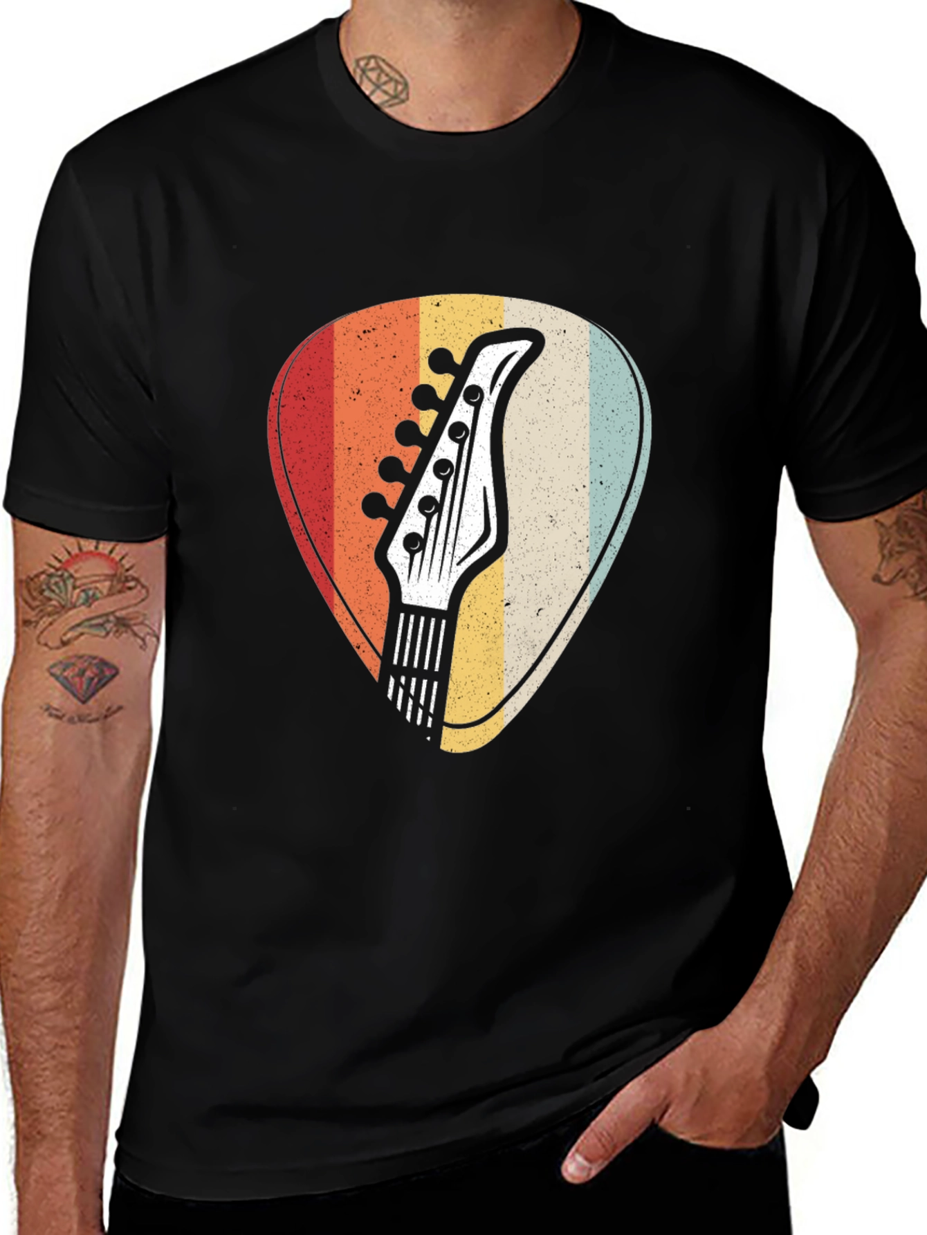 Retro Guitar Pick Graphic Tee - Musicians Black T-Shirt
