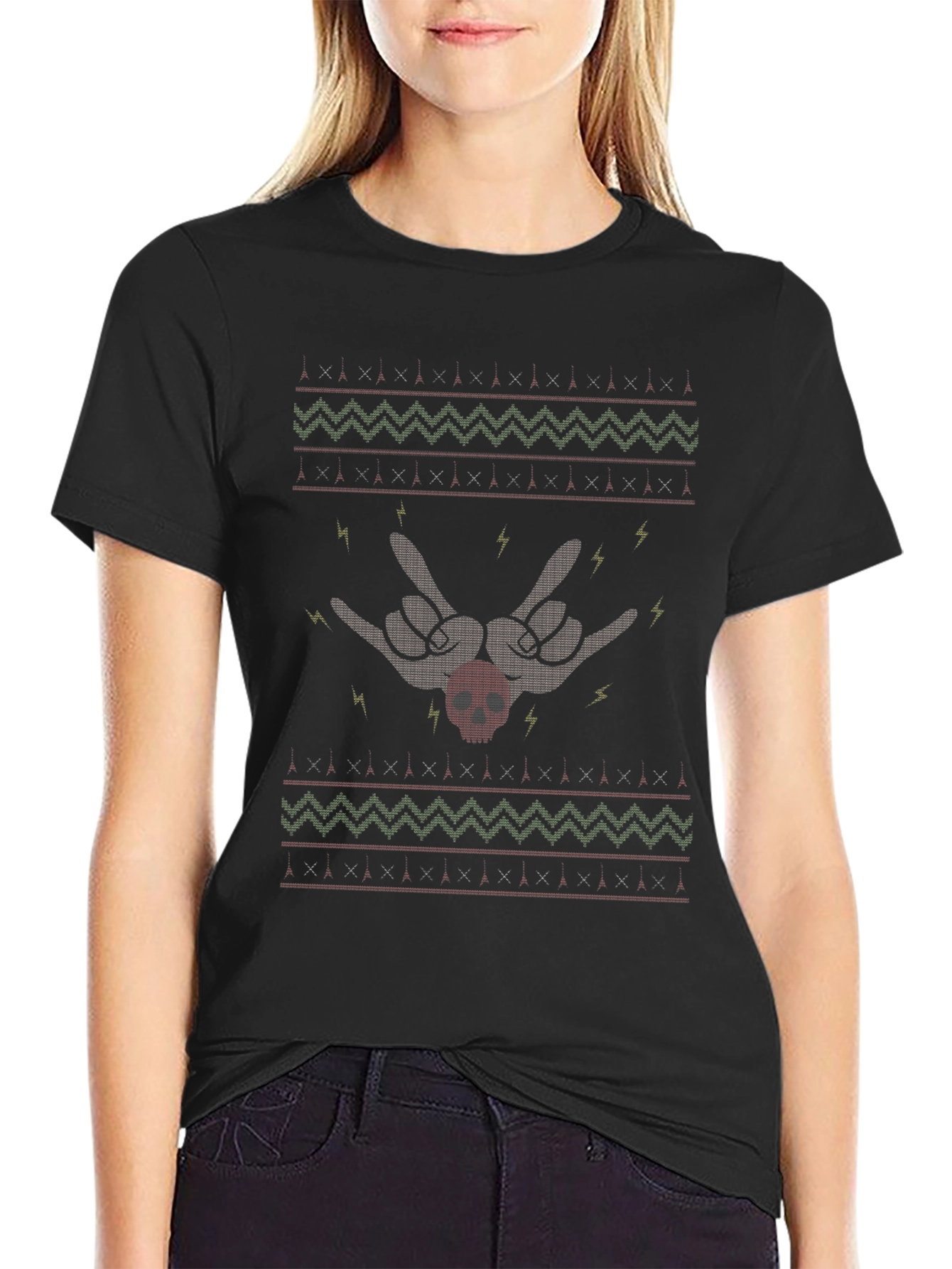 Rock On Skull Pattern Black T-Shirt