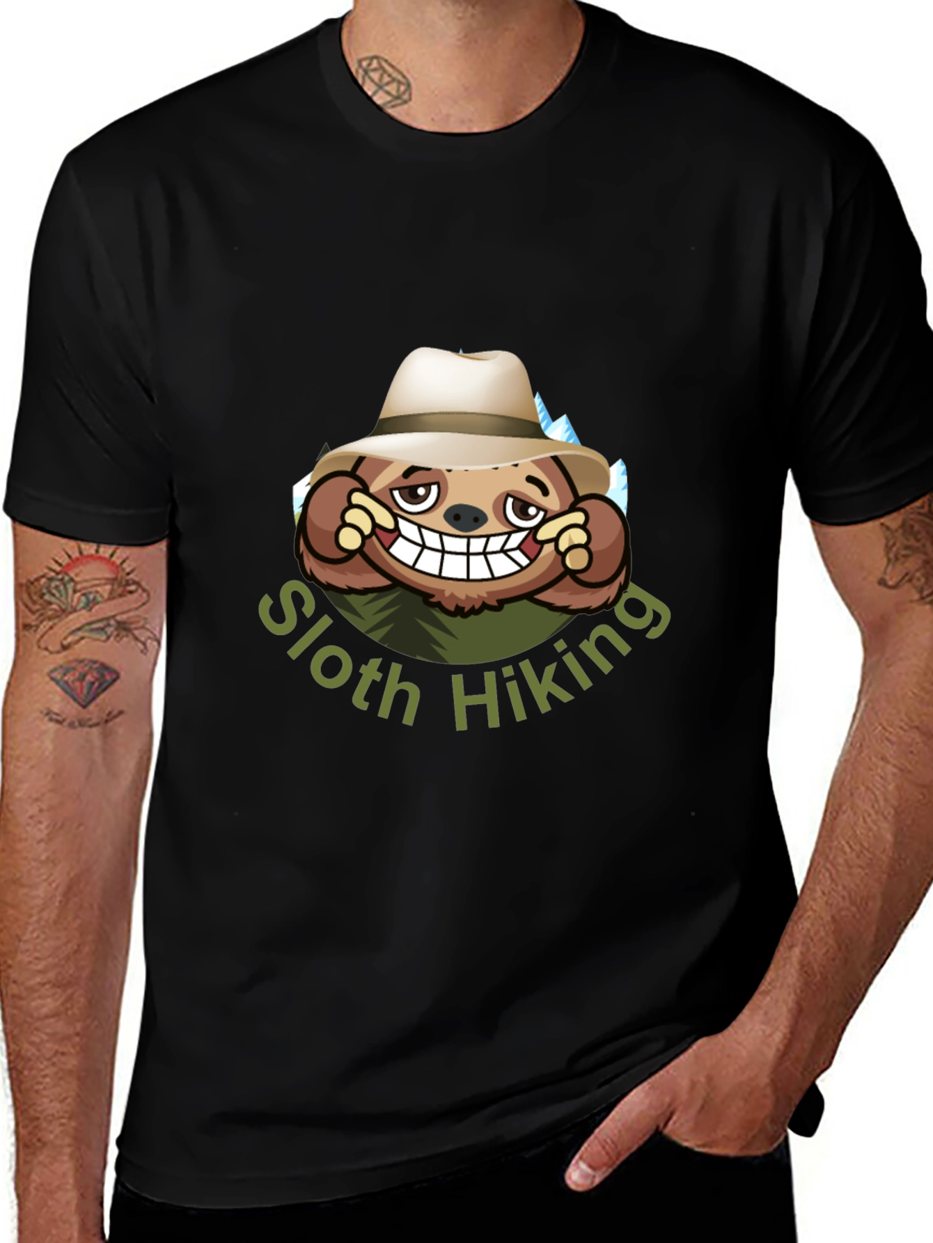 Sloth Hiking Graphic Tee - Black Cotton T-Shirt