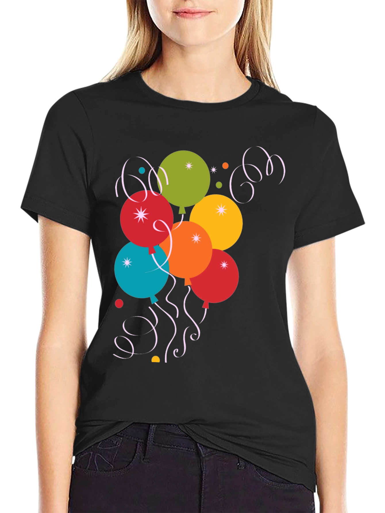 Festive Balloon Graphic Tee - Black Cotton Blend