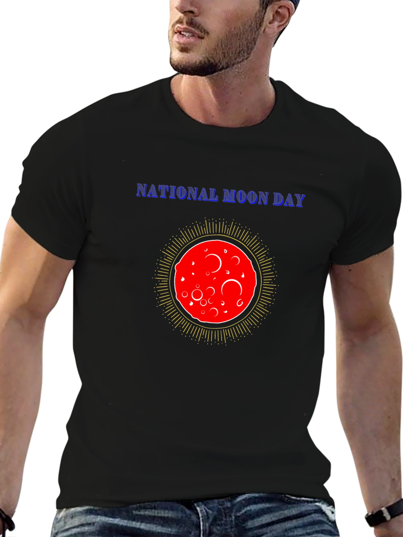 National Moon Day T-Shirt Black Cotton Tee