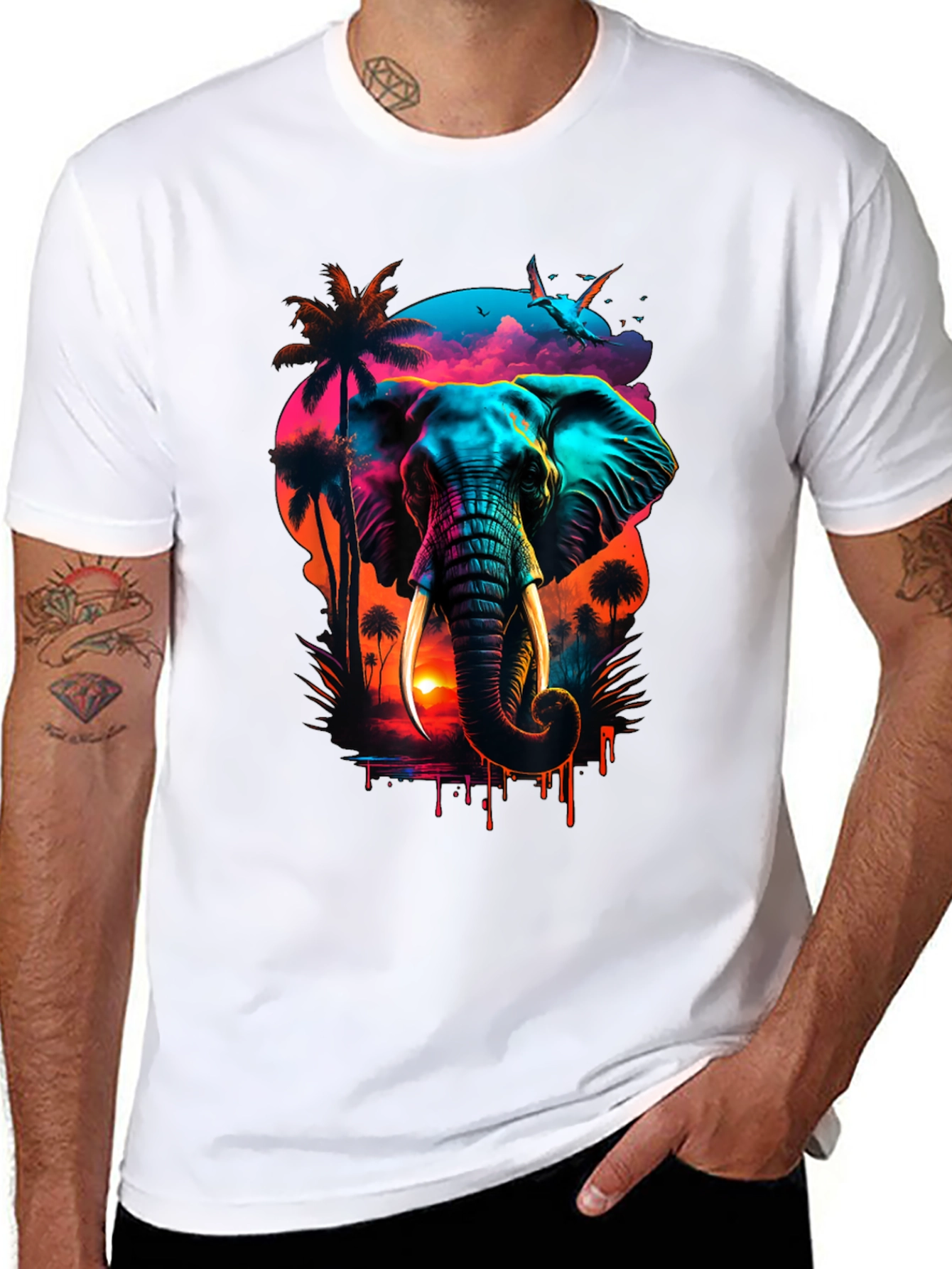 Neon Elephant Sunset Graphic Tee