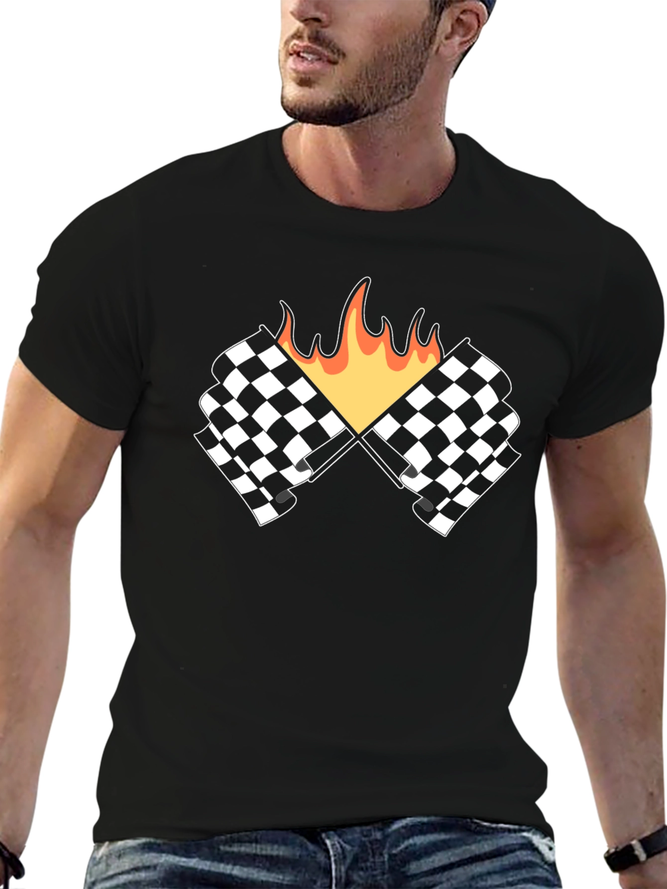 Racing Flags with Flames Graphic Tee - Black