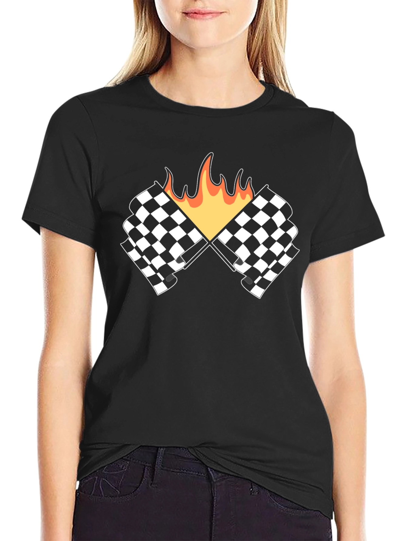 Racing Flags with Flames Graphic Tee - Black
