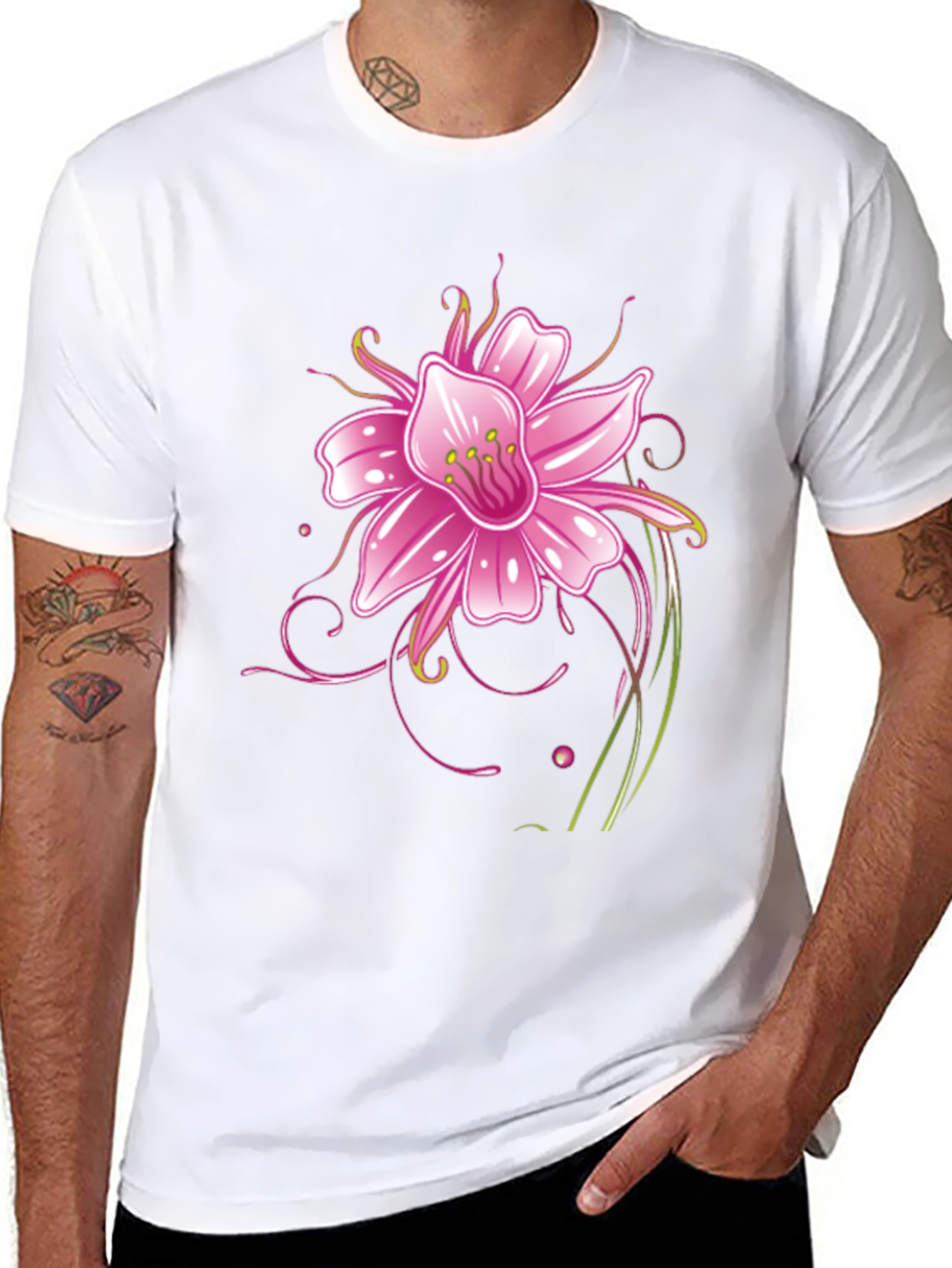 Black T-Shirt with Pink Flower Graphic Design