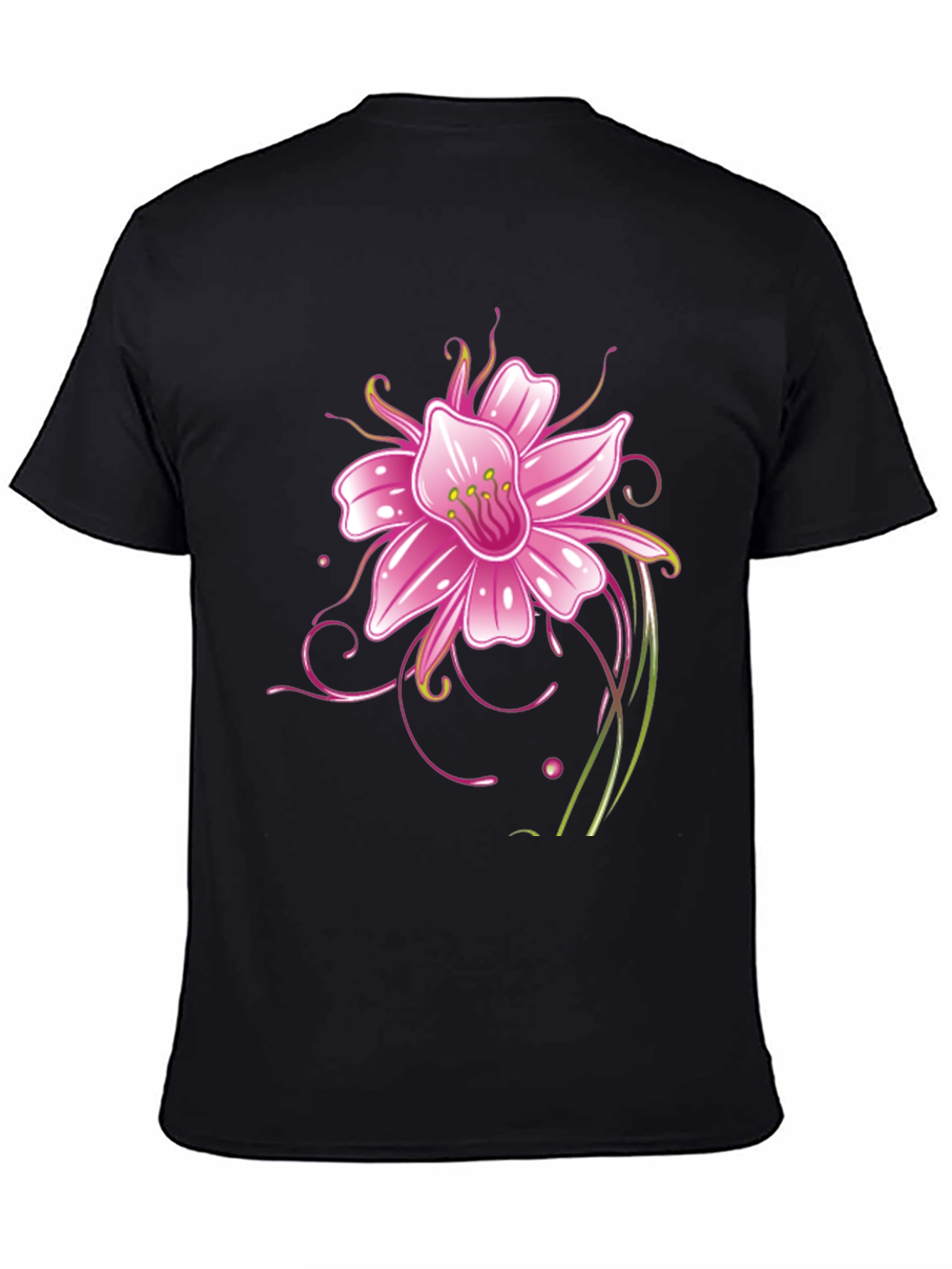 Black T-Shirt with Pink Flower Graphic Design