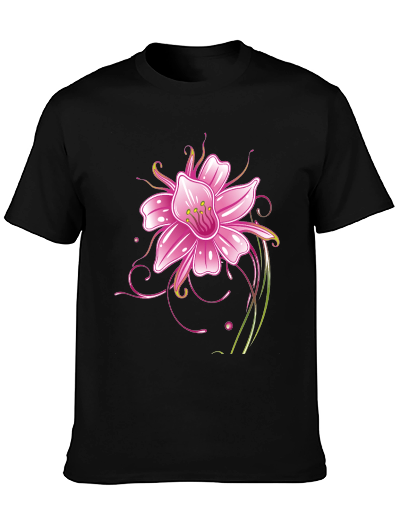 Black T-Shirt with Pink Flower Graphic Design