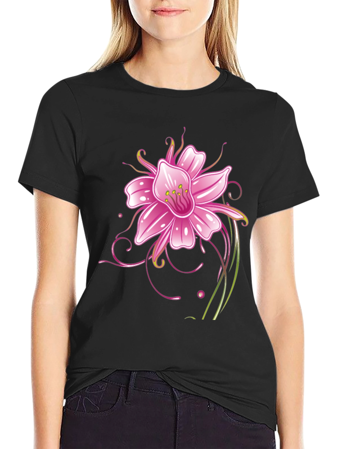 Black T-Shirt with Pink Flower Graphic Design