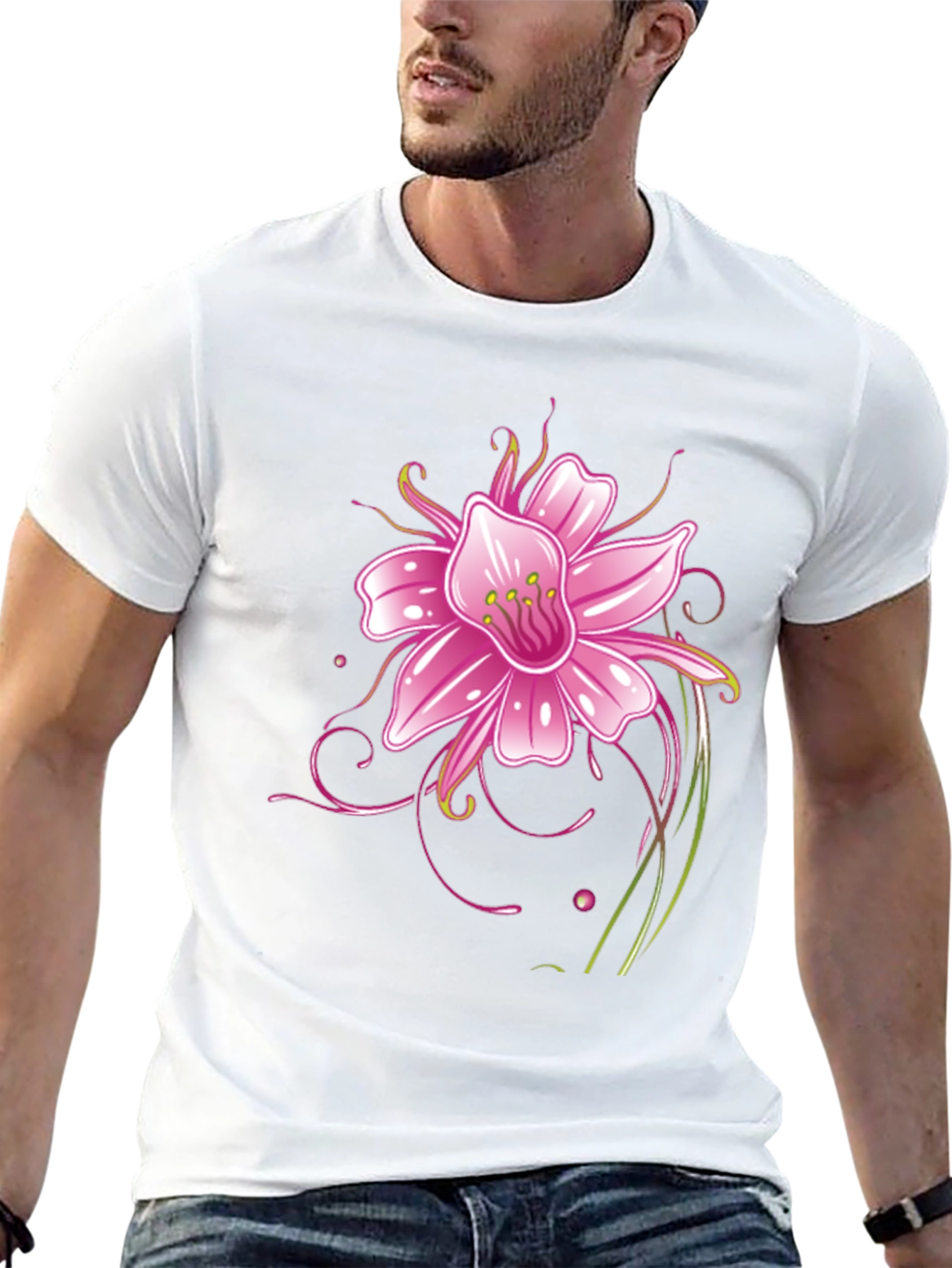 Black T-Shirt with Pink Flower Graphic Design