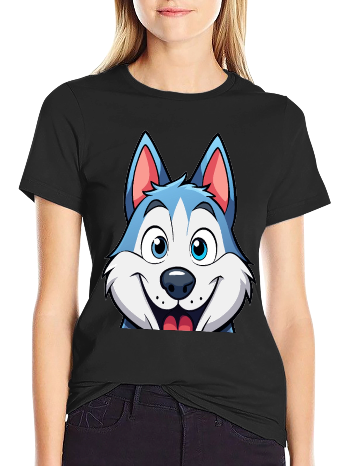 Cartoon Husky Graphic Tee - Soft Cotton Blend