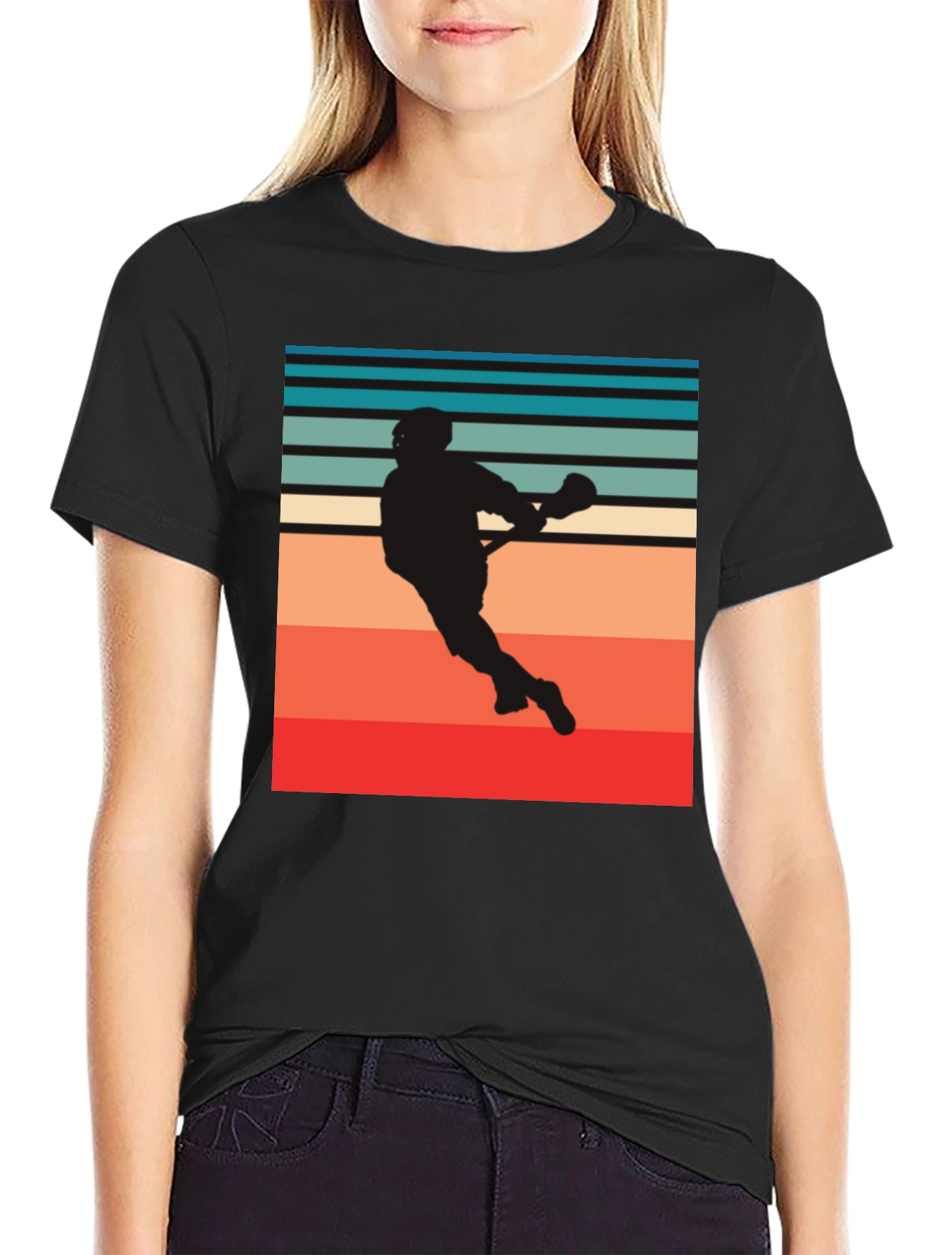 Lacrosse Player Silhouette Retro Style Graphic Tee