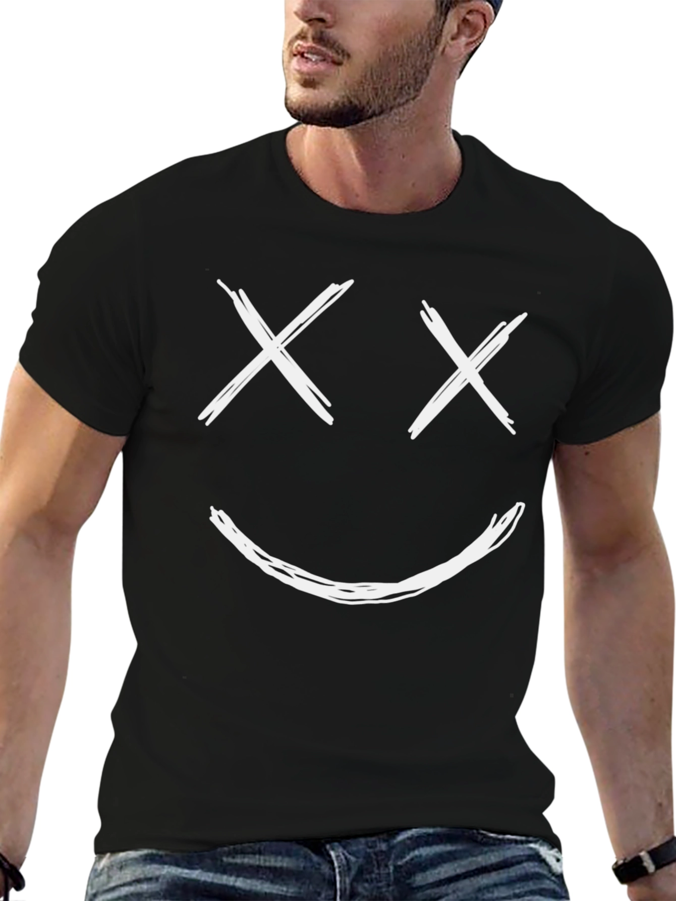 Smiley Face Graphic Tee - Mens Casual Black T-Shirt