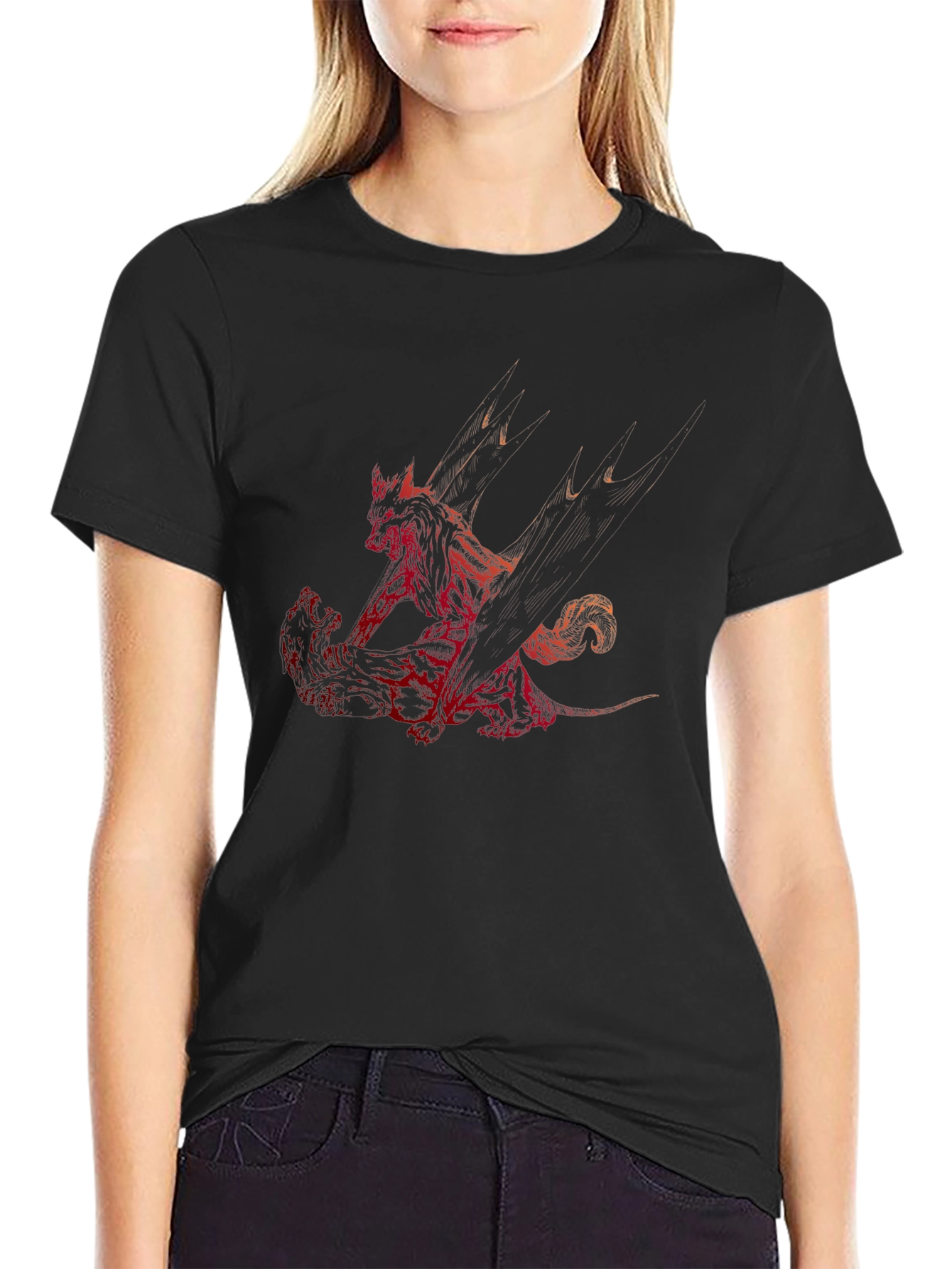 Red Dragon Print Black T-Shirt