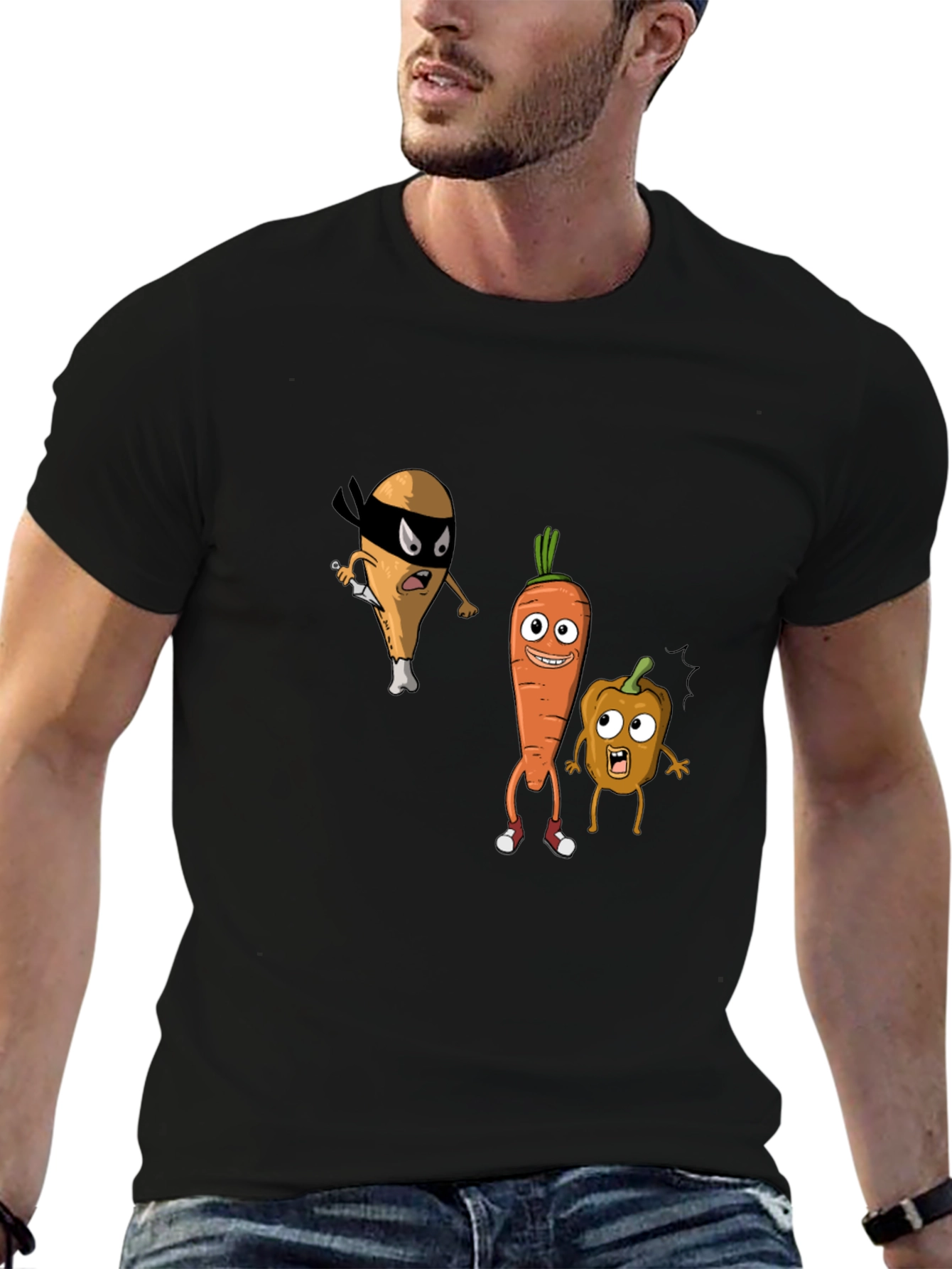Funny Cartoon Veggie & Chicken Graphic T-Shirt