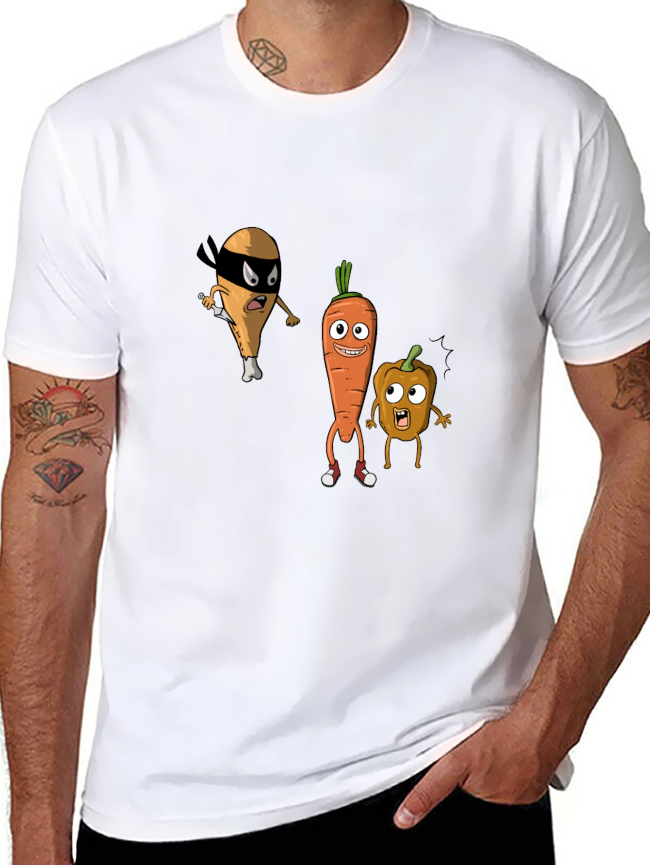 Funny Cartoon Veggie & Chicken Graphic T-Shirt