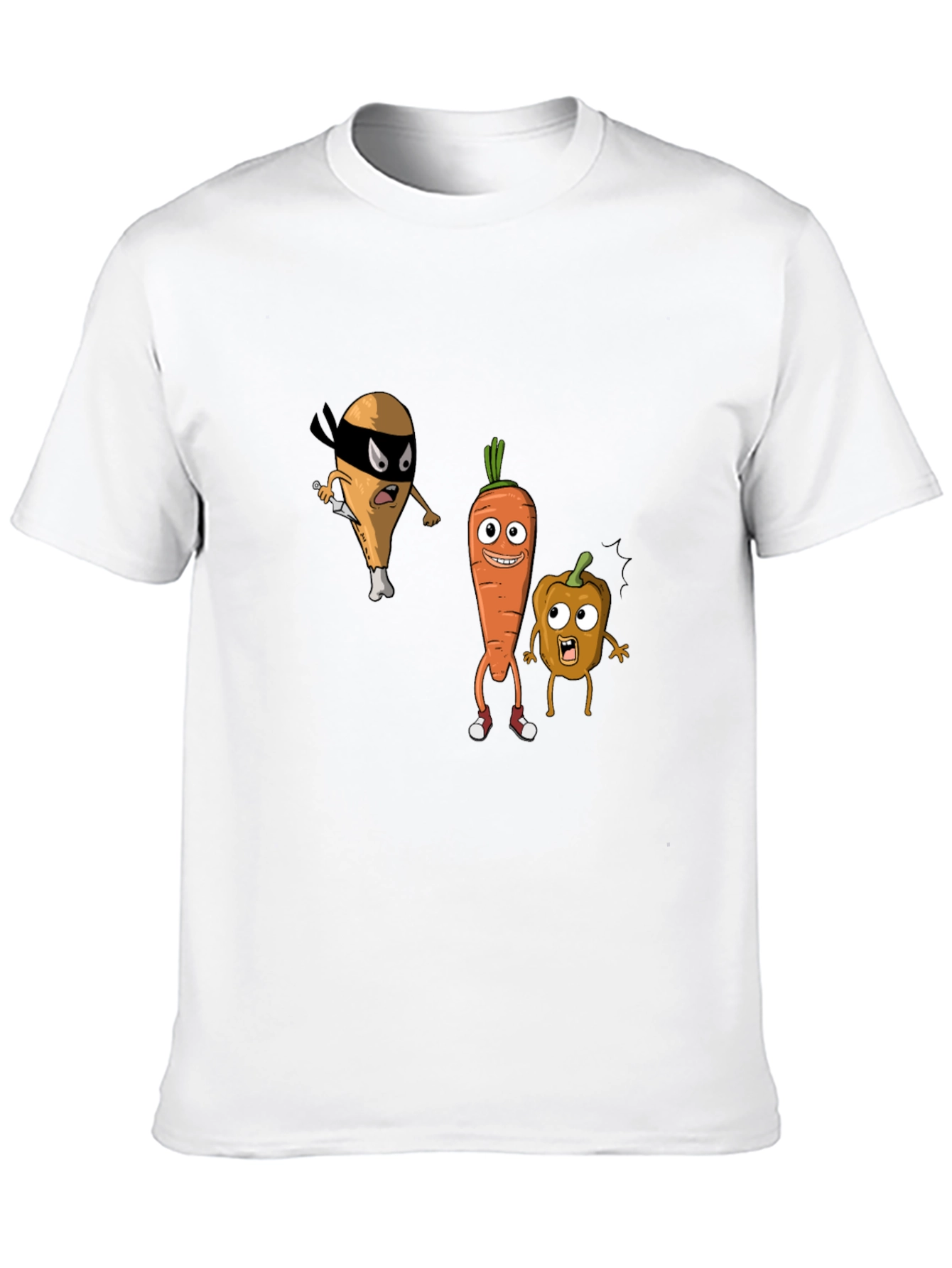 Funny Cartoon Veggie & Chicken Graphic T-Shirt