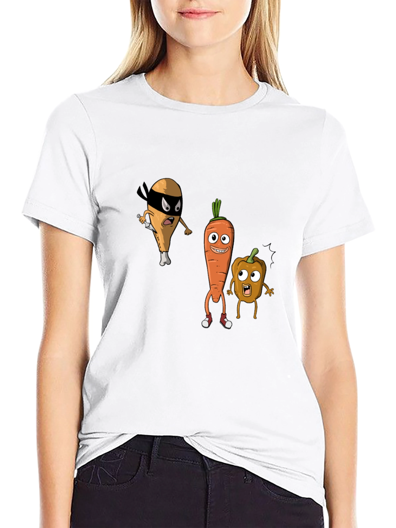 Funny Cartoon Veggie & Chicken Graphic T-Shirt