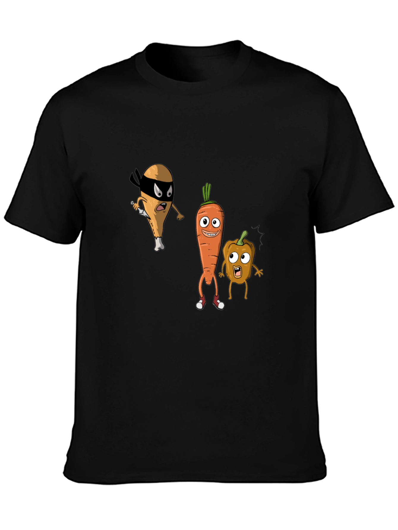 Funny Cartoon Veggie & Chicken Graphic T-Shirt