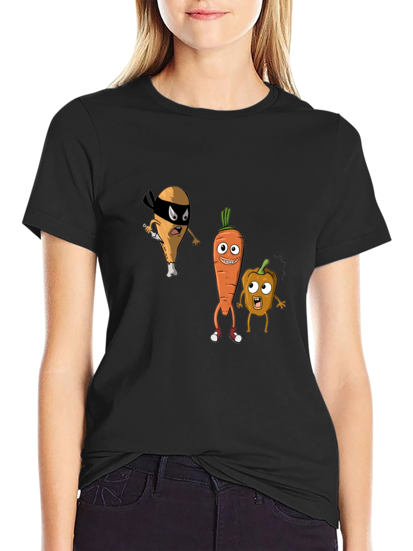 Funny Cartoon Veggie & Chicken Graphic T-Shirt