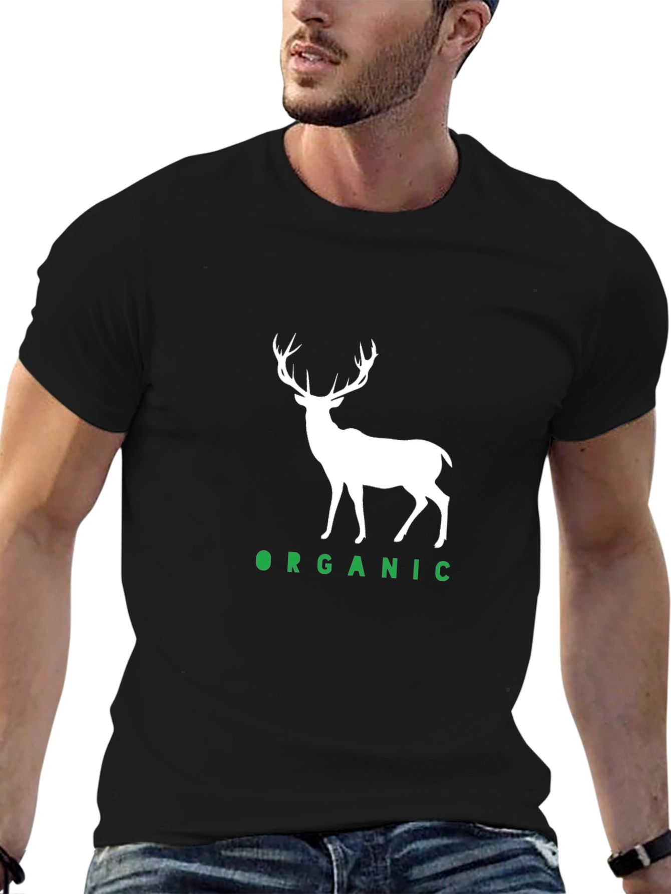 Organic Deer Graphic Tee - Black Cotton T-Shirt