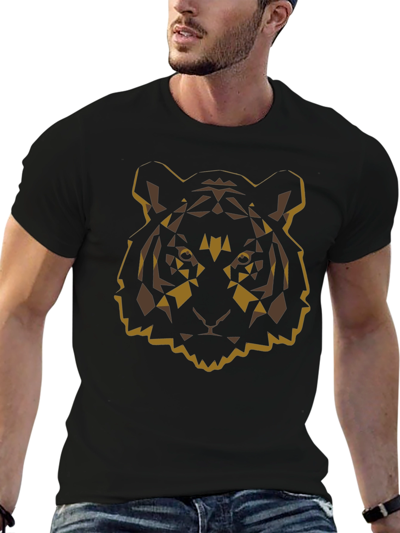 Geometric Tiger Graphic Tee - Black Cotton Blend