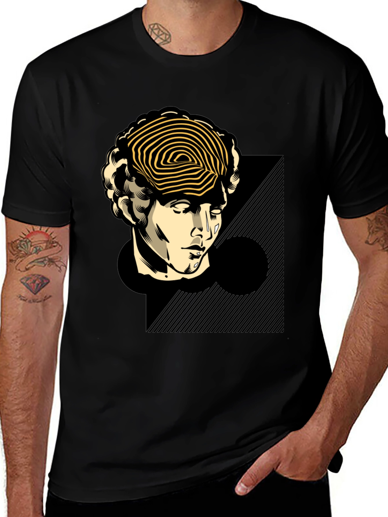 Statue Head Graphic Tee - Black Cotton T-Shirt