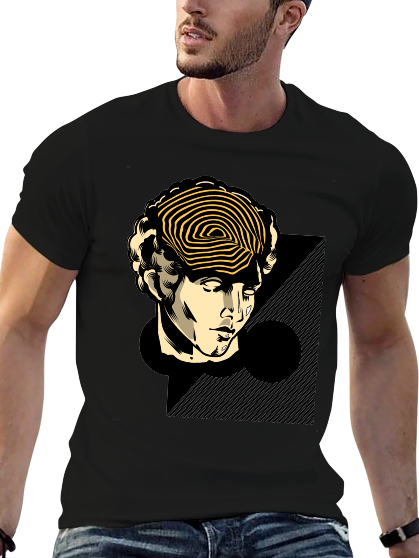 Statue Head Graphic Tee - Black Cotton T-Shirt