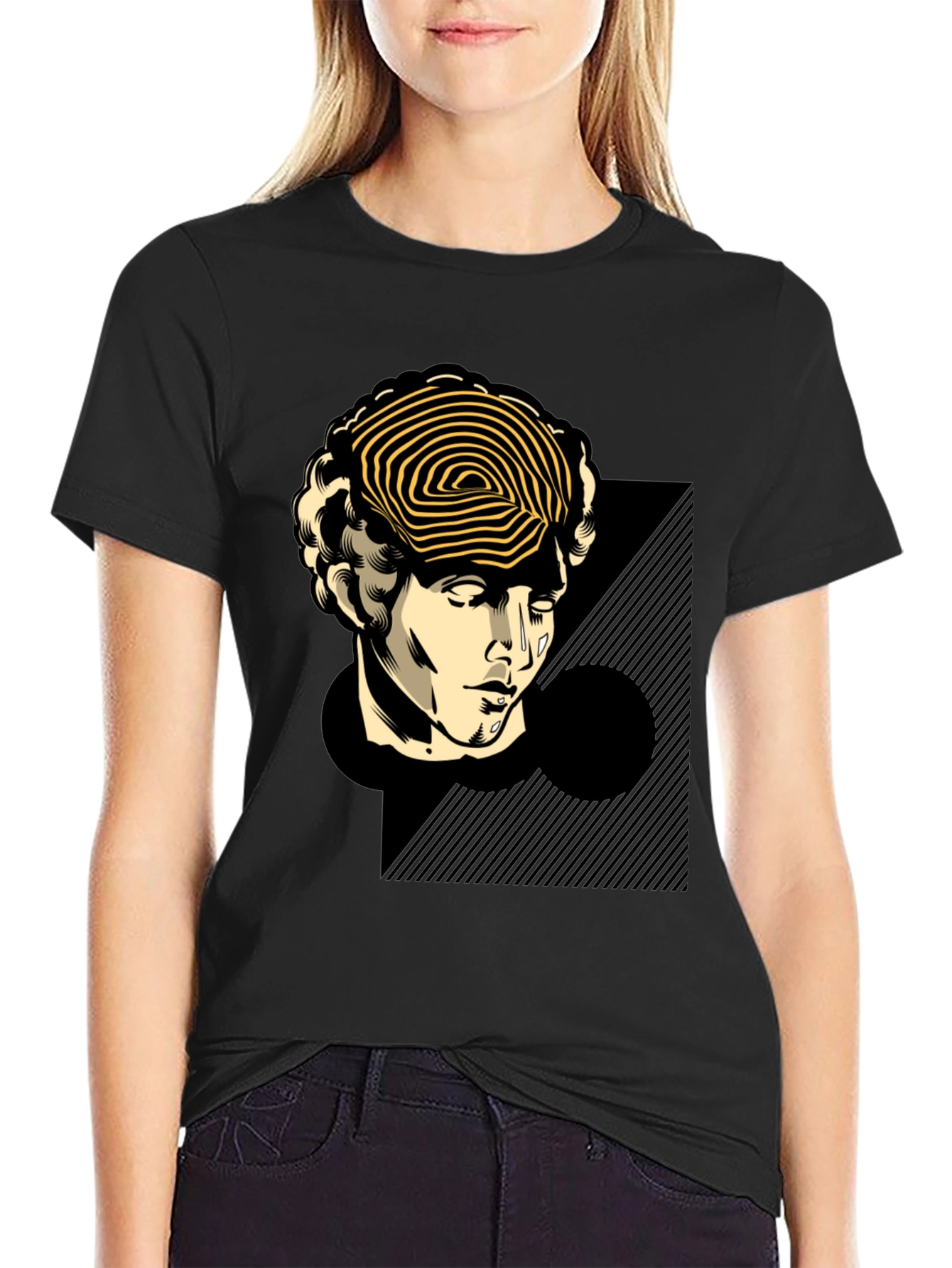 Statue Head Graphic Tee - Black Cotton T-Shirt