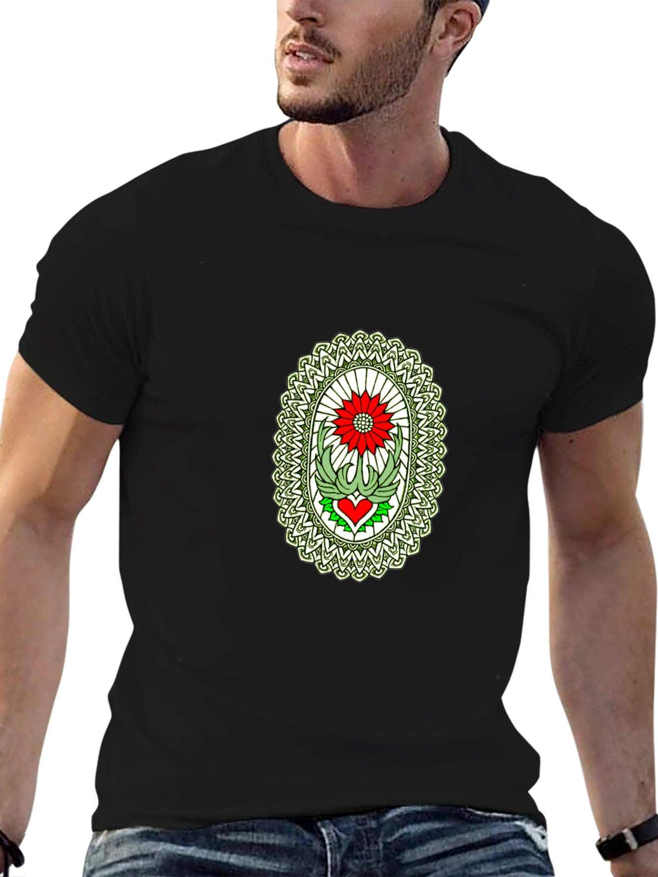 Black T-Shirt with Flower Heart Graphic