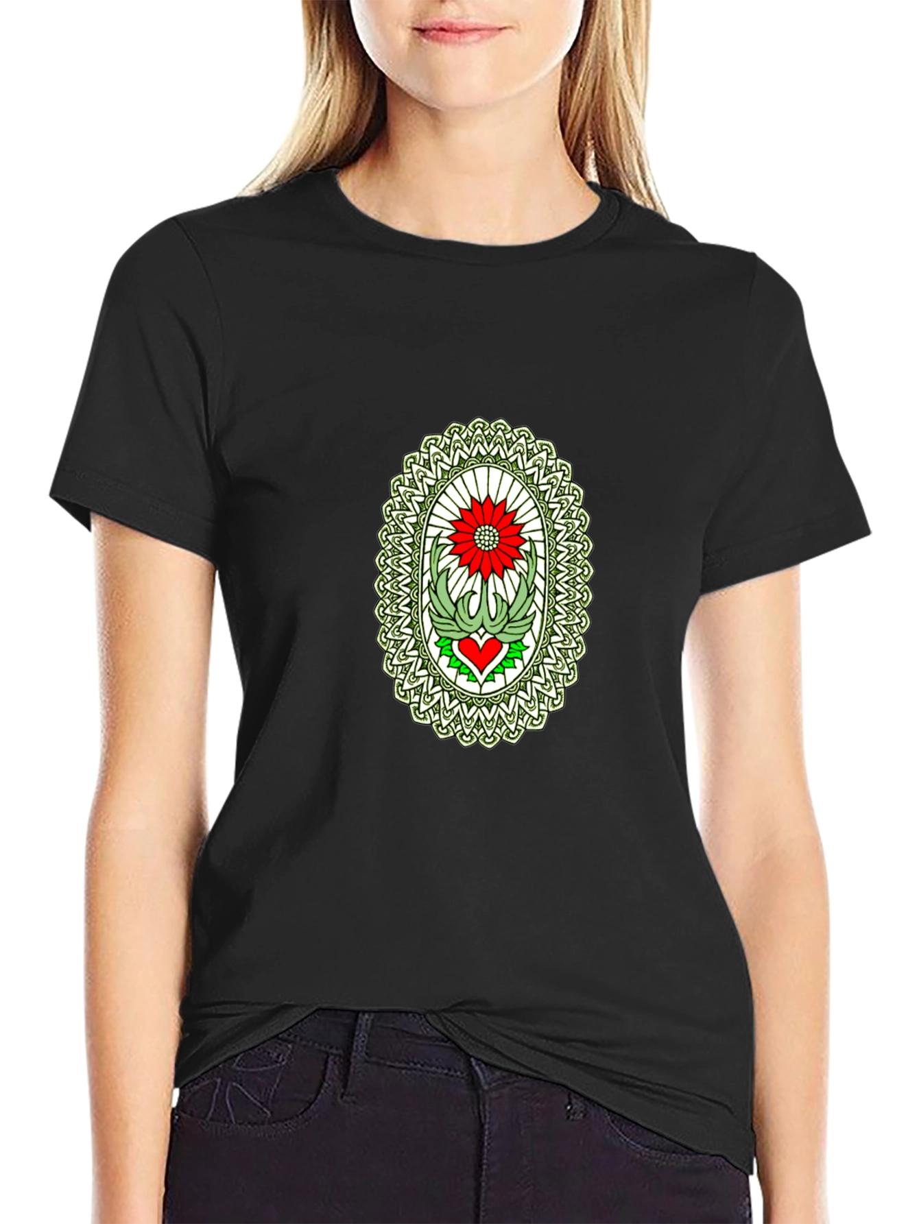 Black T-Shirt with Flower Heart Graphic