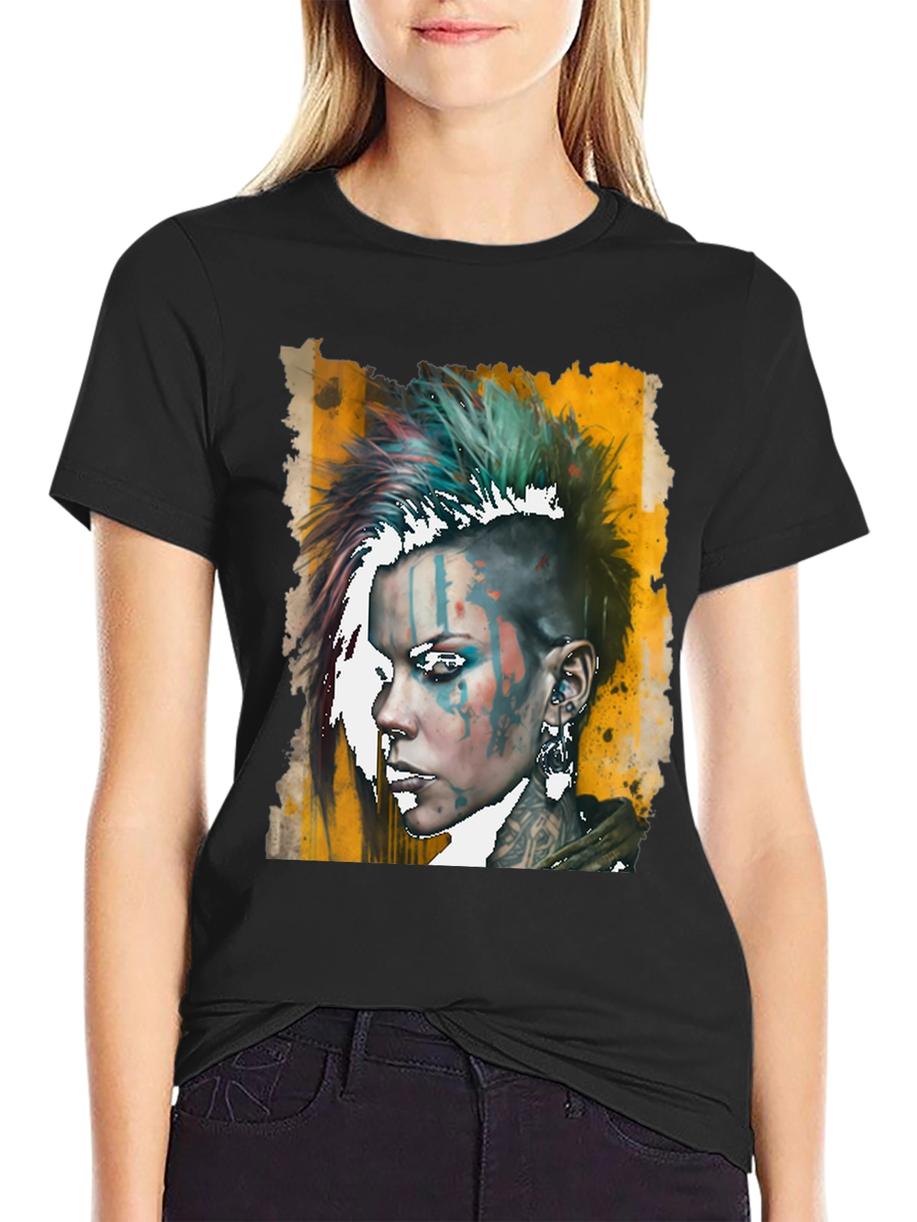 Edgy Punk Woman Graphic Tee - Black