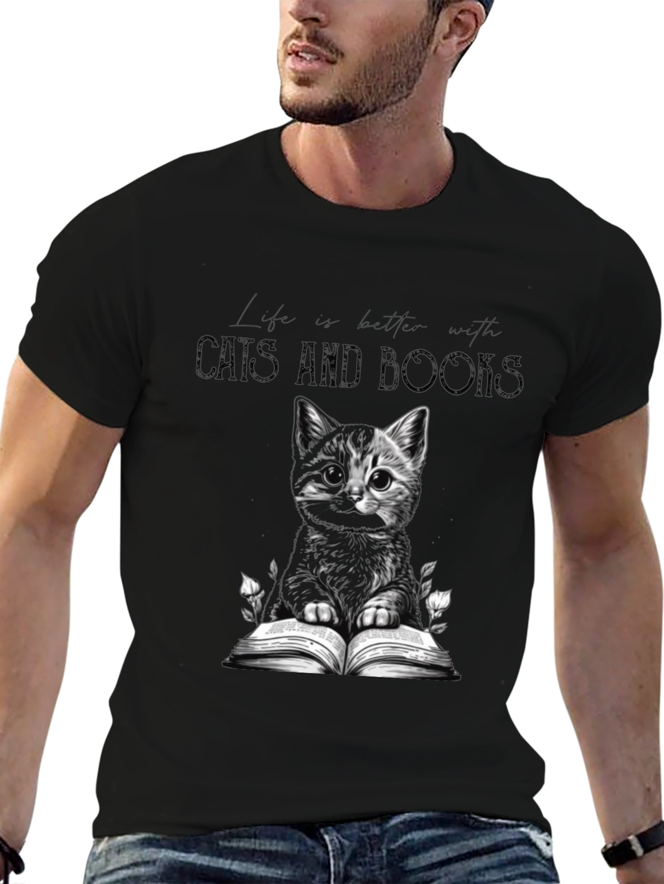 Cats and Books Black Graphic Tee