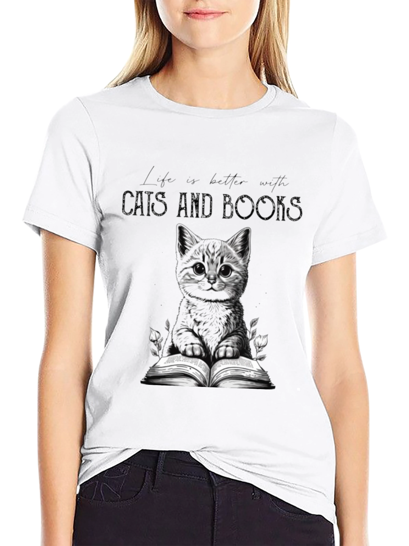 Cats and Books Black Graphic Tee