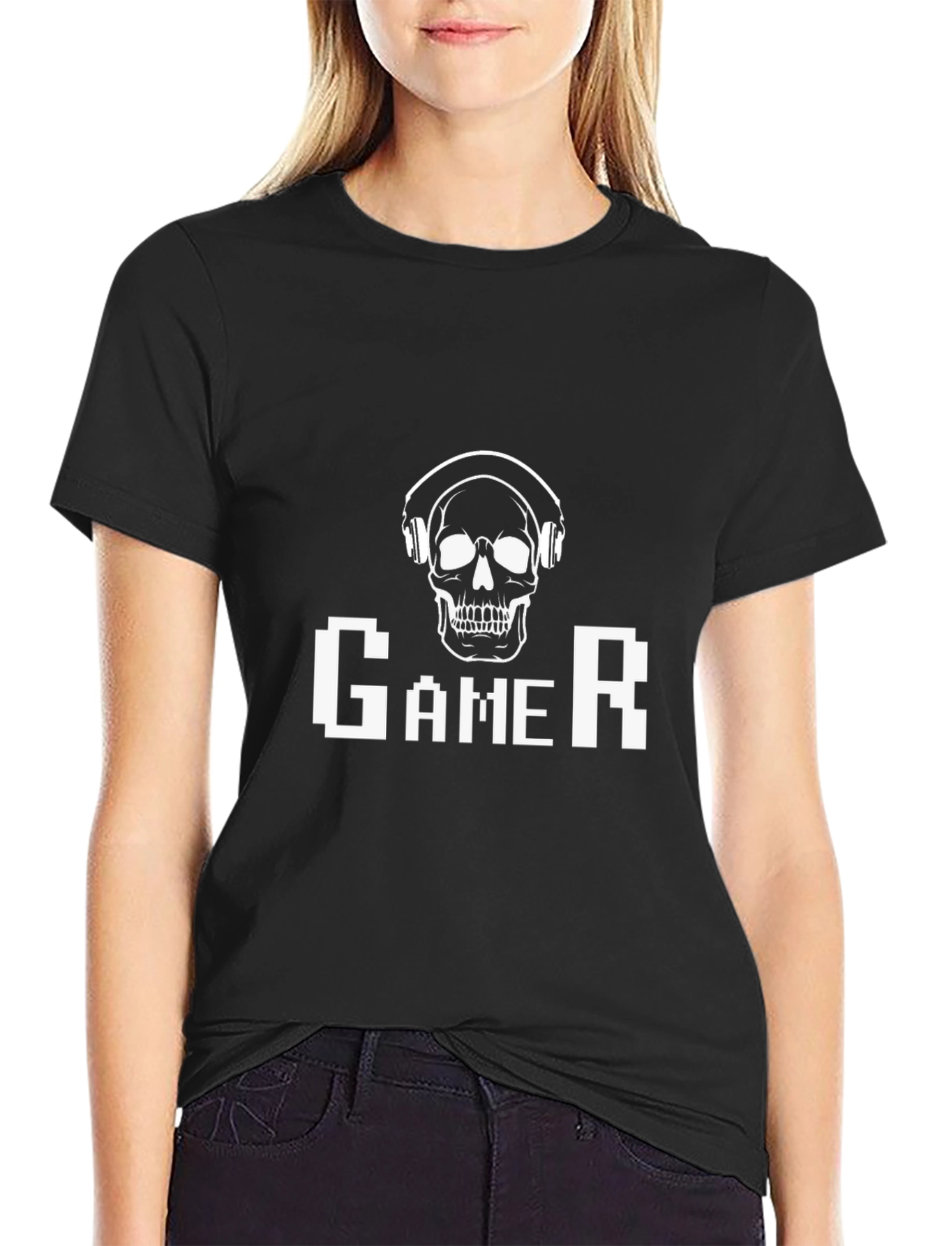 Gamer Skull Graphic Tee - Black Cotton T-Shirt