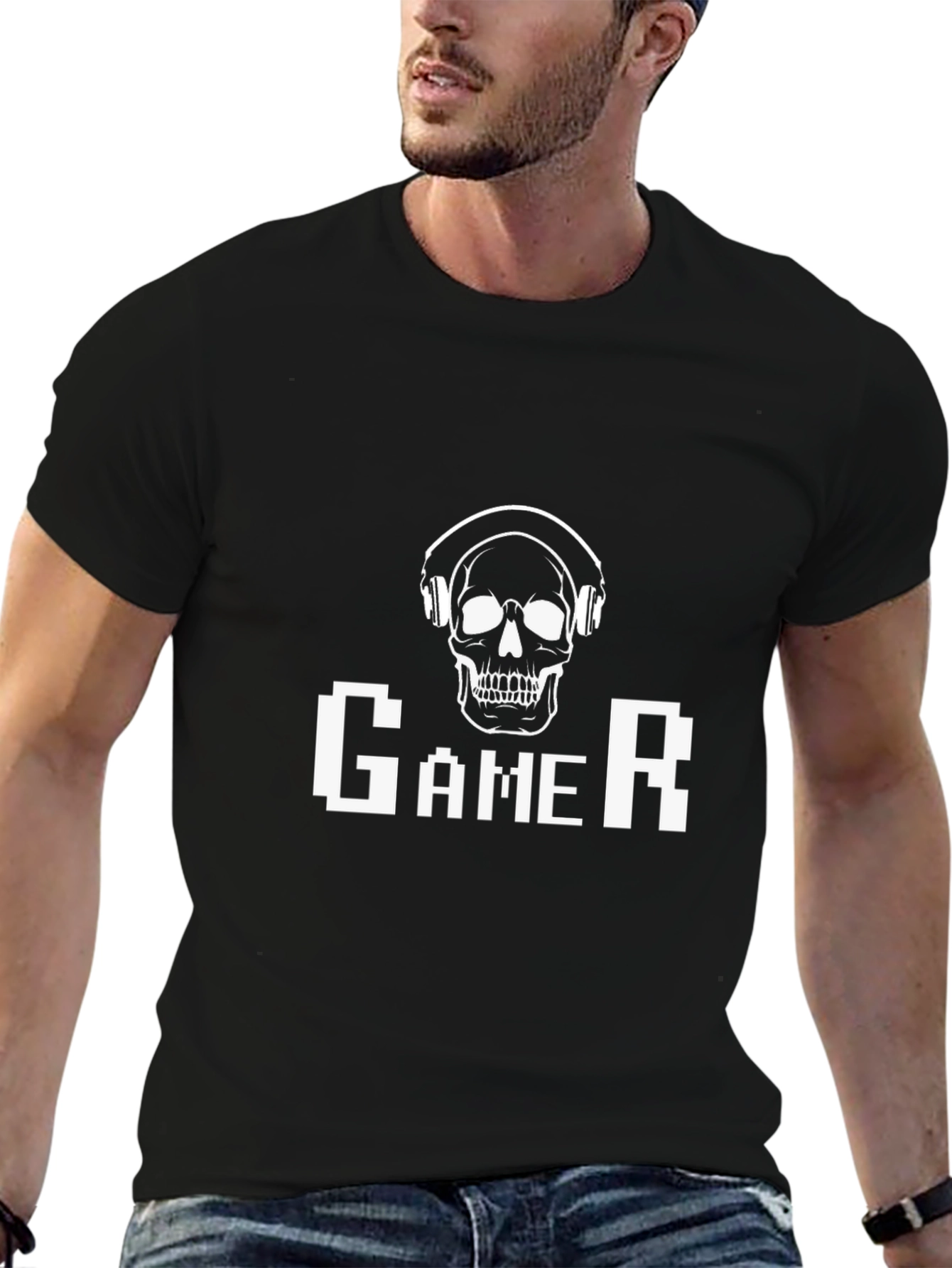 Gamer Skull Graphic Tee - Black Cotton T-Shirt