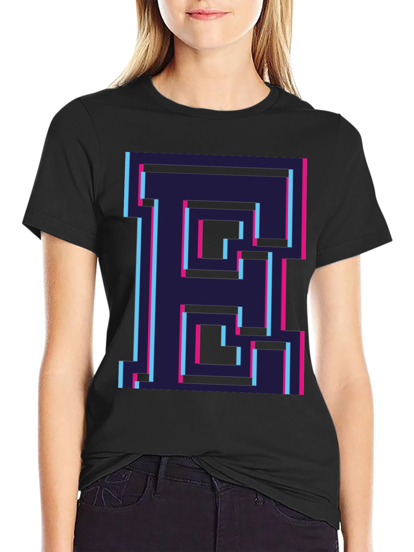 Retro Pixel Letter E Graphic Tee - Black