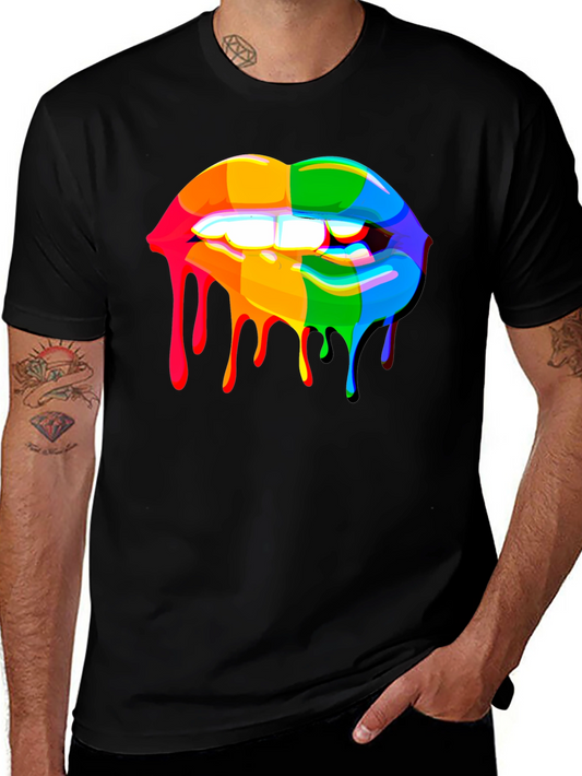 Rainbow Dripping Lips Graphic Black T-Shirt