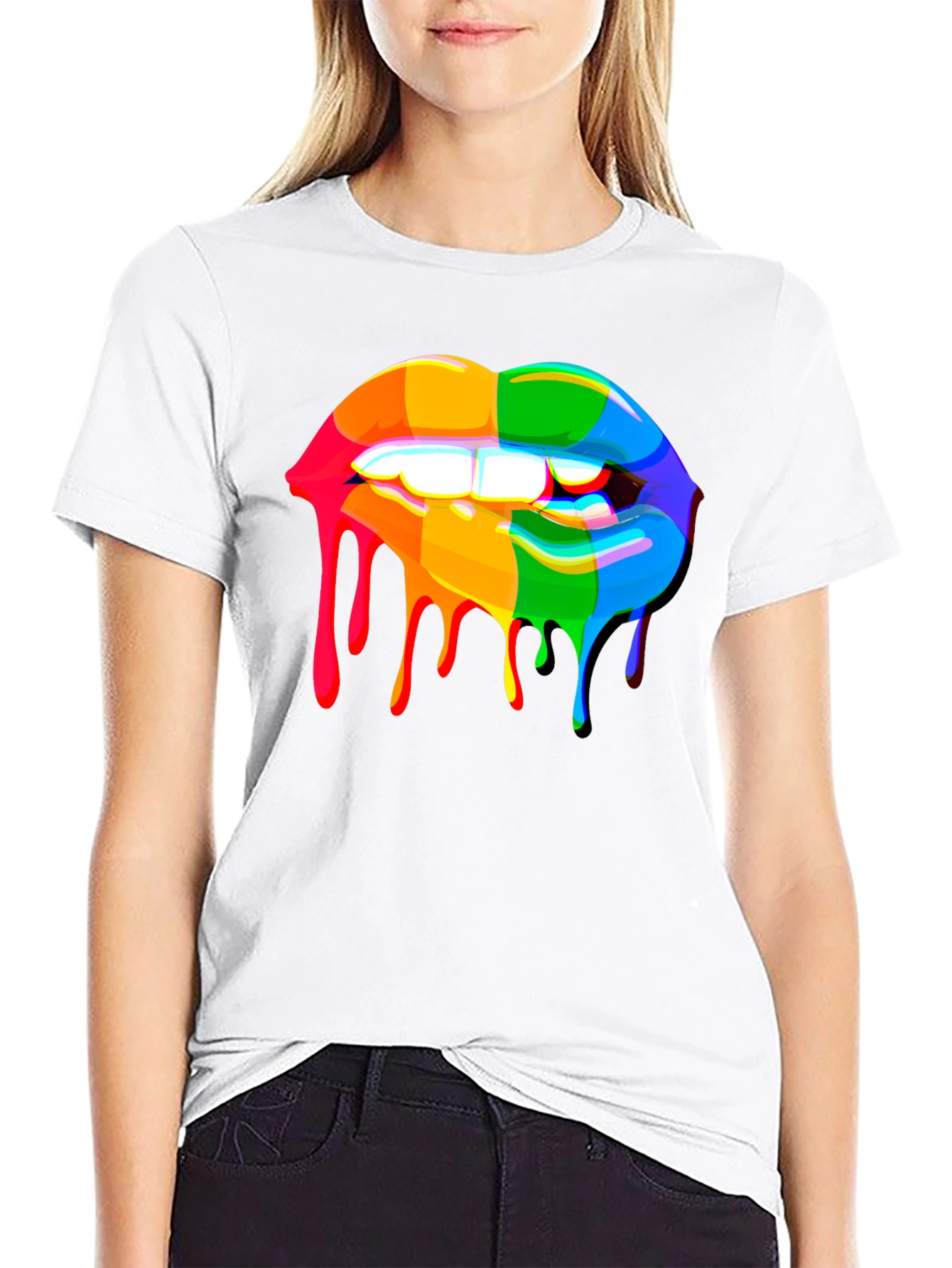 Rainbow Dripping Lips Graphic Black T-Shirt