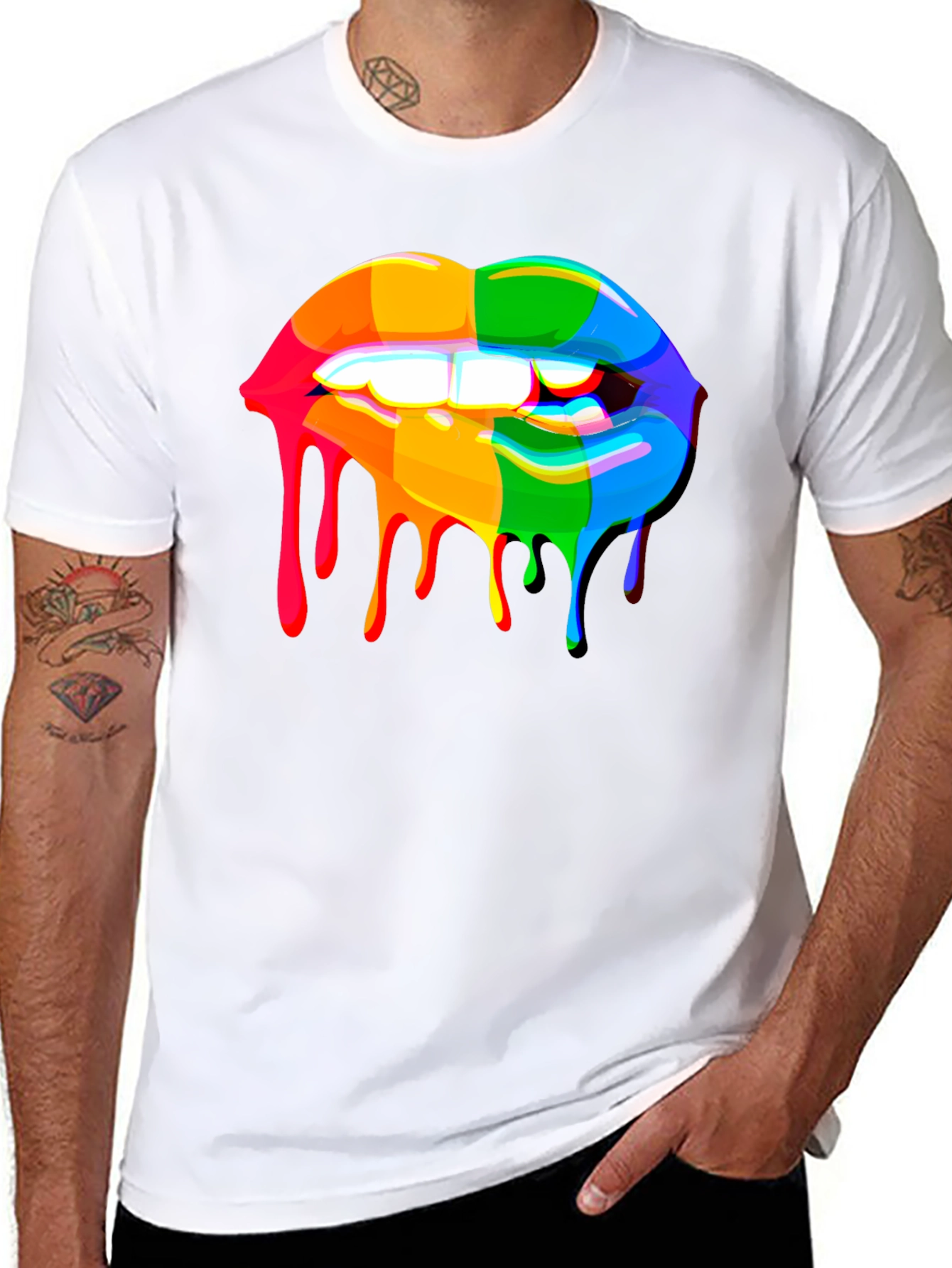 Rainbow Dripping Lips Graphic Black T-Shirt