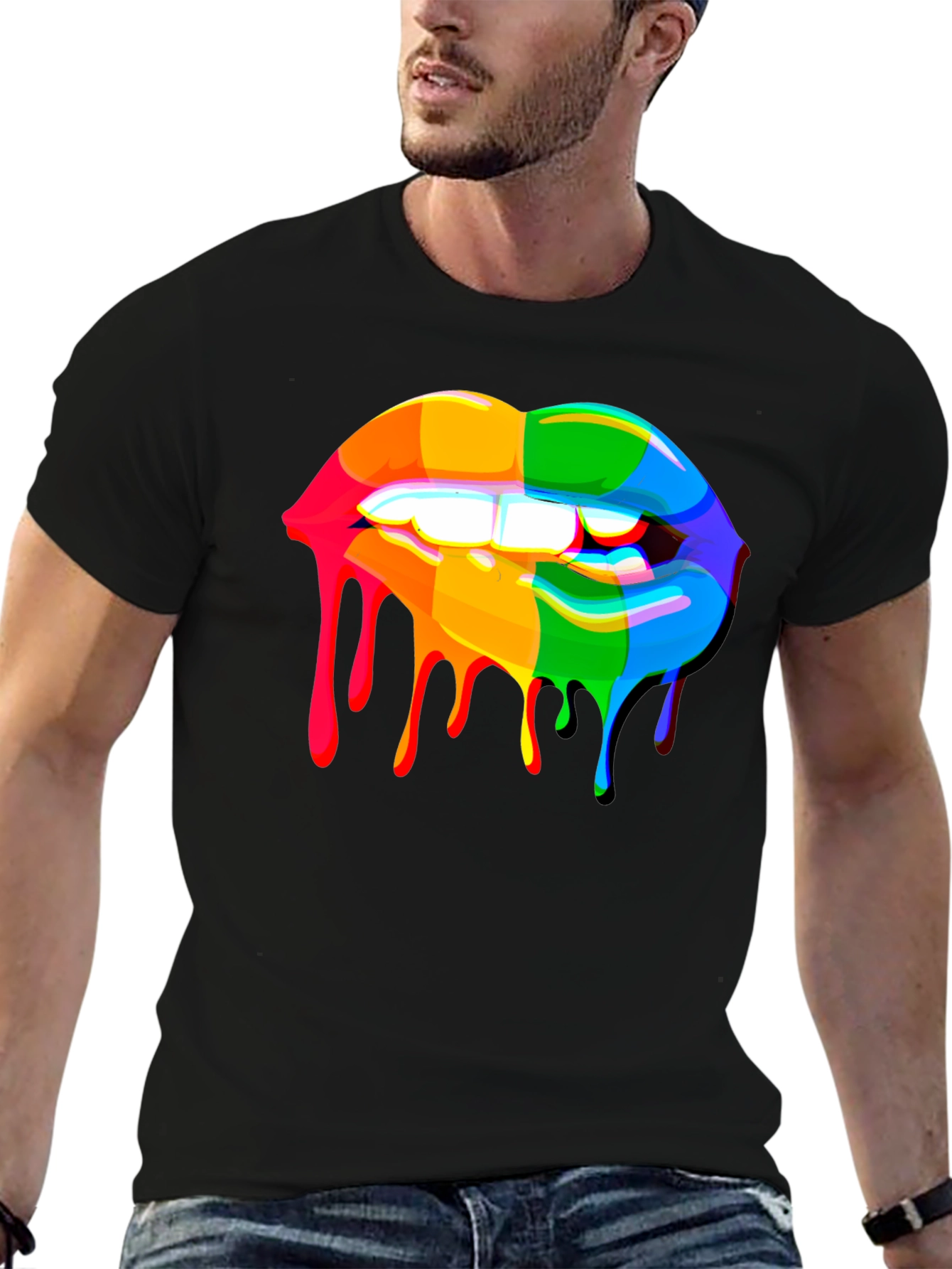 Rainbow Dripping Lips Graphic Black T-Shirt