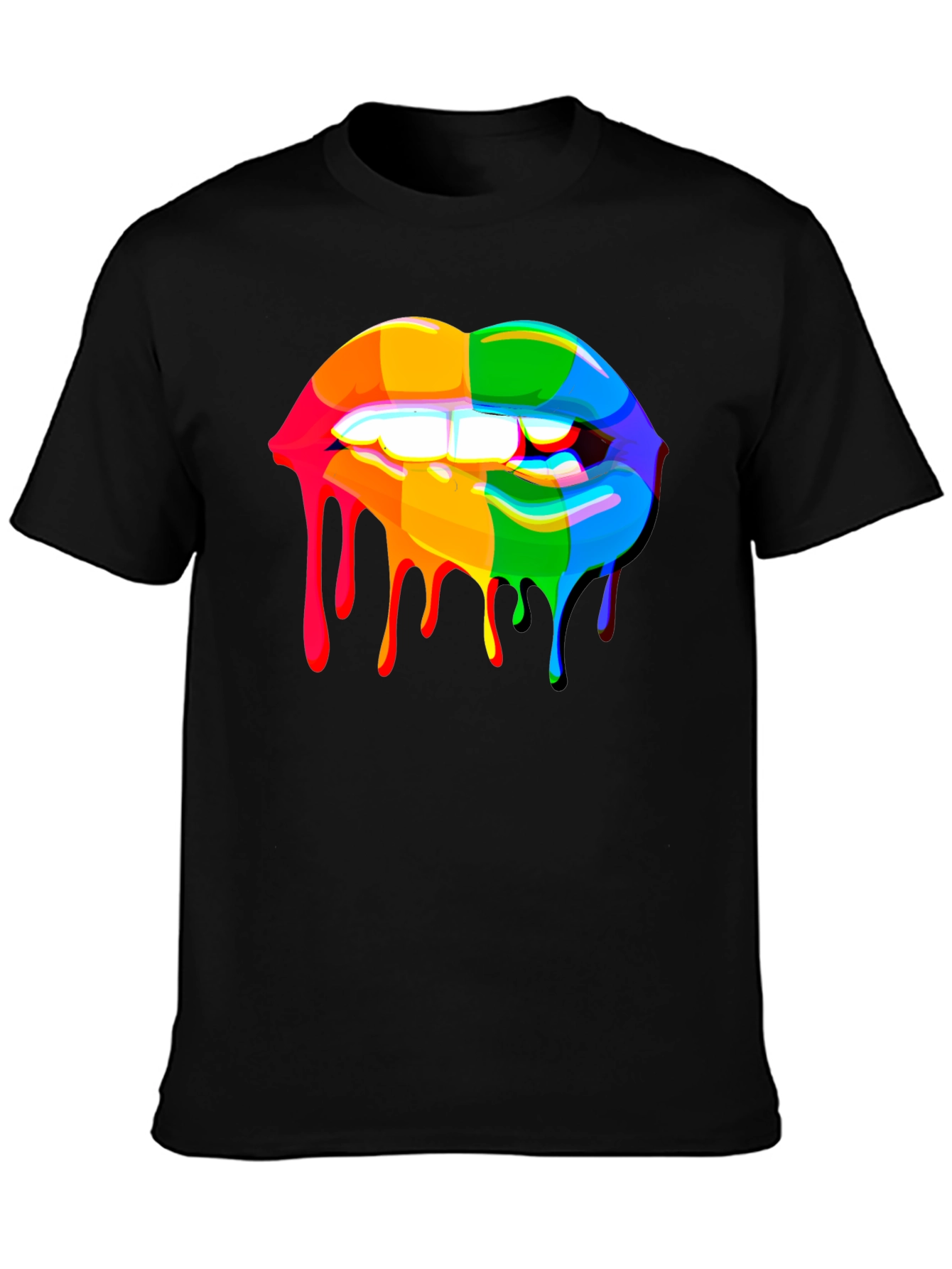 Rainbow Dripping Lips Graphic Black T-Shirt