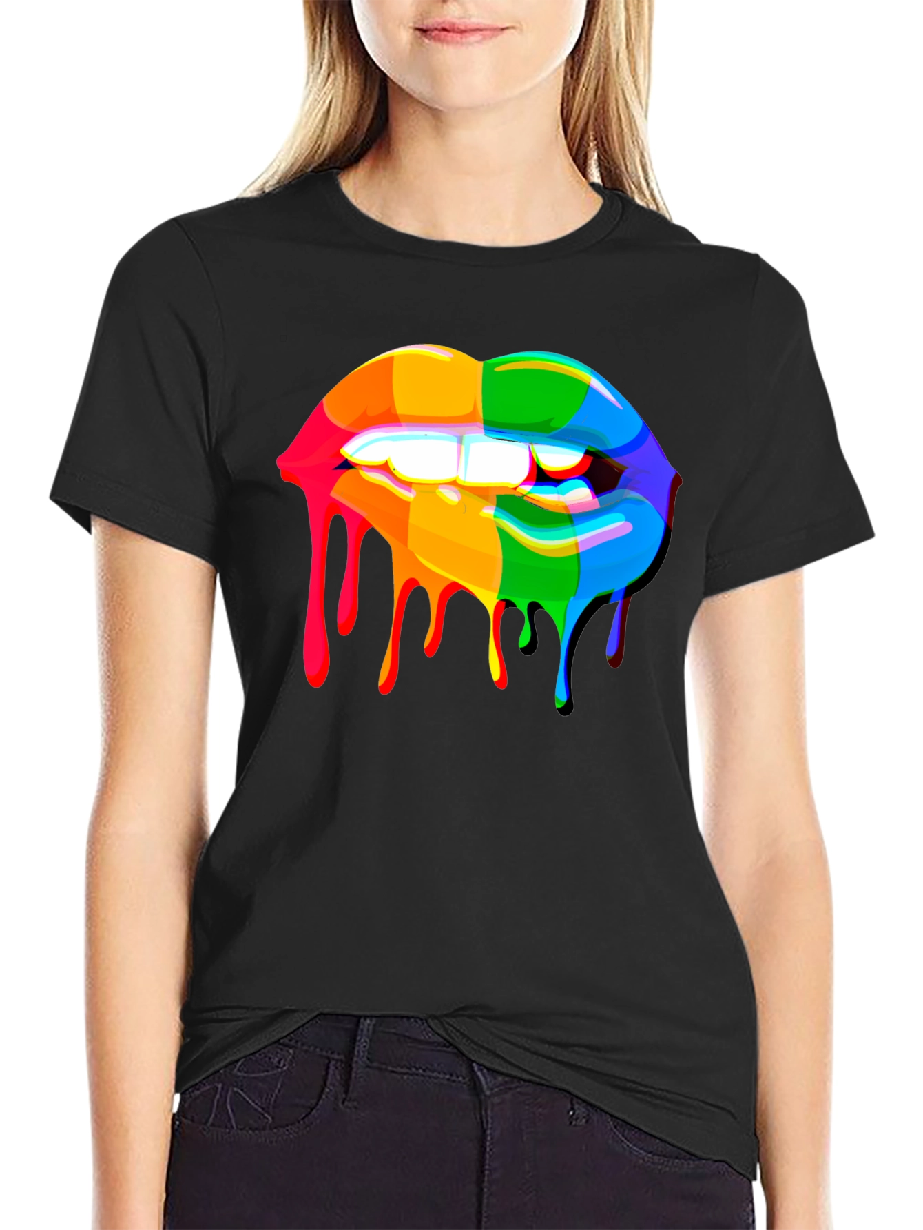 Rainbow Dripping Lips Graphic Black T-Shirt