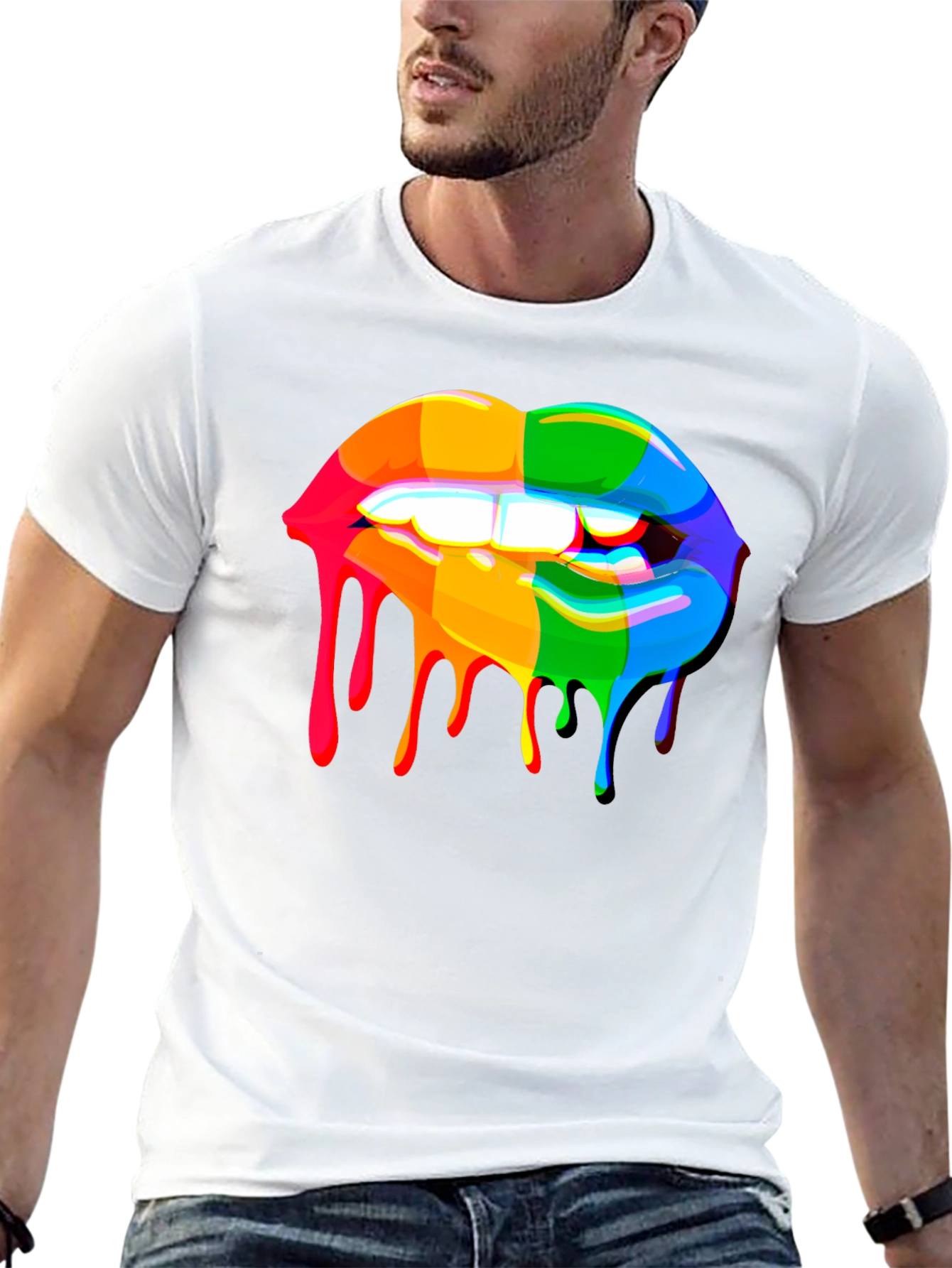 Rainbow Dripping Lips Graphic Black T-Shirt