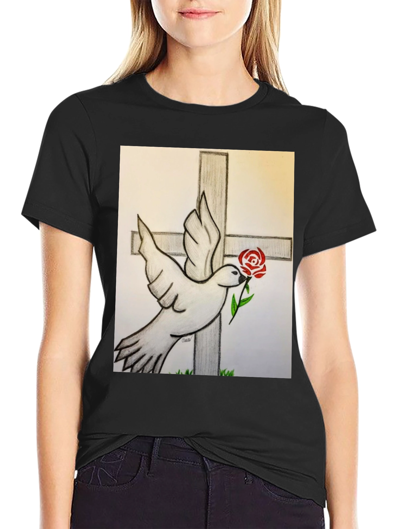 Dove and Rose Graphic Tee - Black